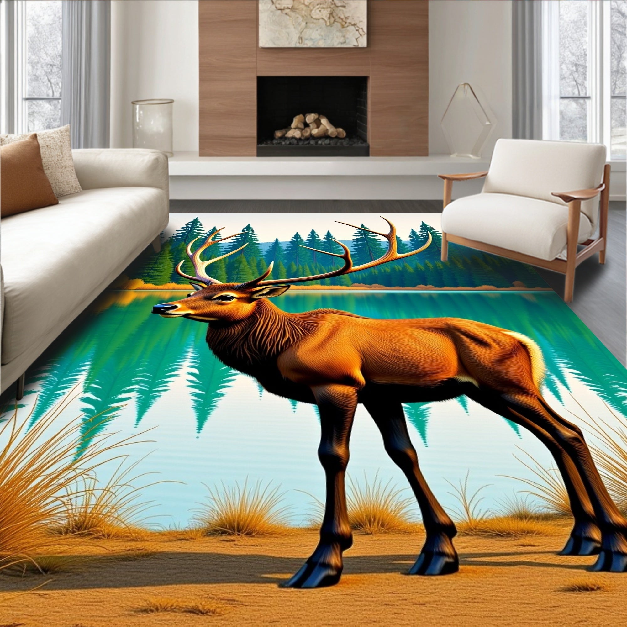Majestic Elk Forest Lake Scene Rug