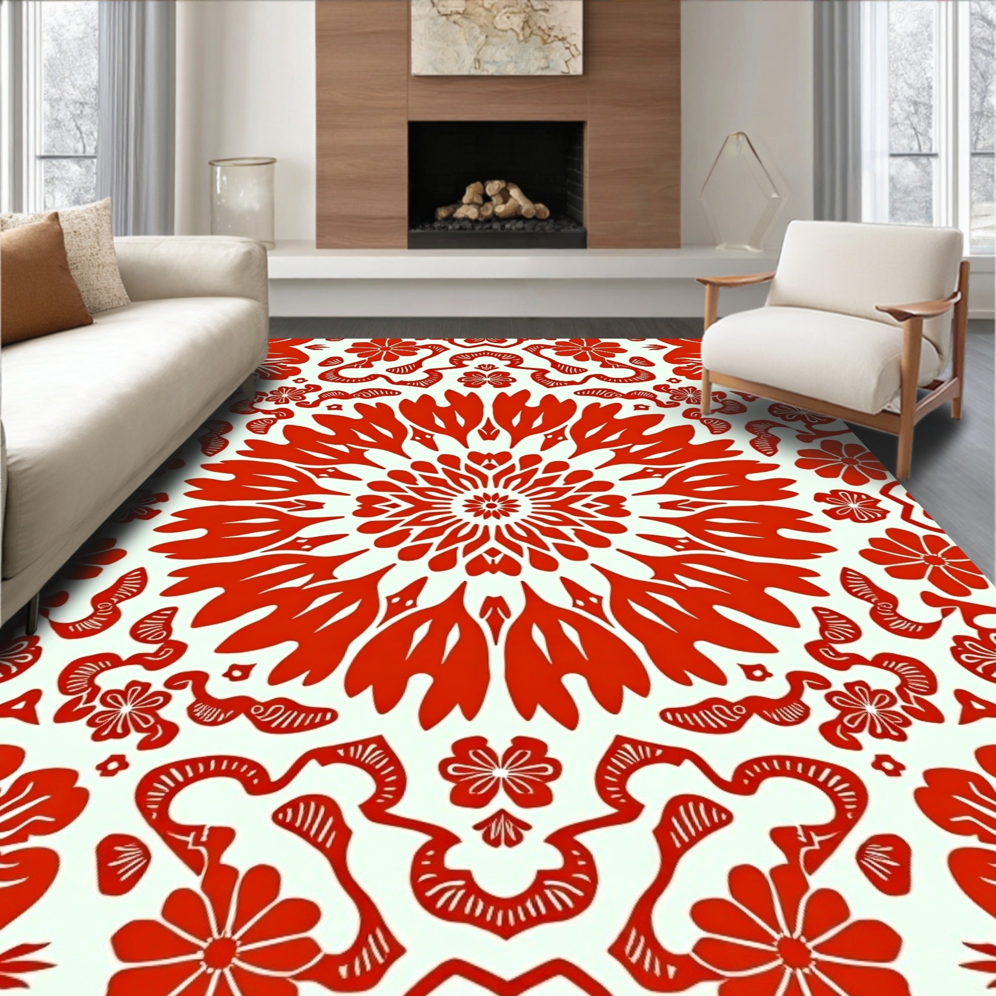 Red Floral Medallion Repeating Pattern Rug