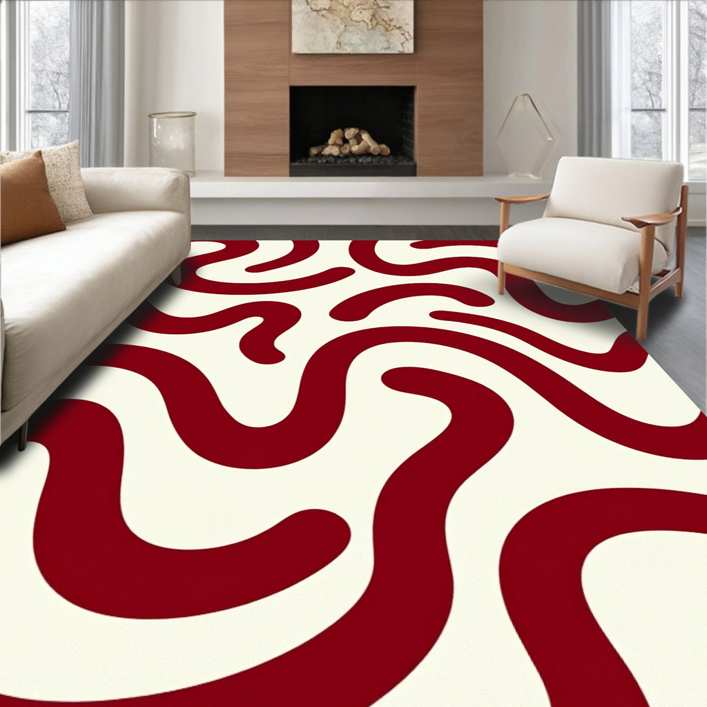Deep Red Abstract Swirl Design Rug