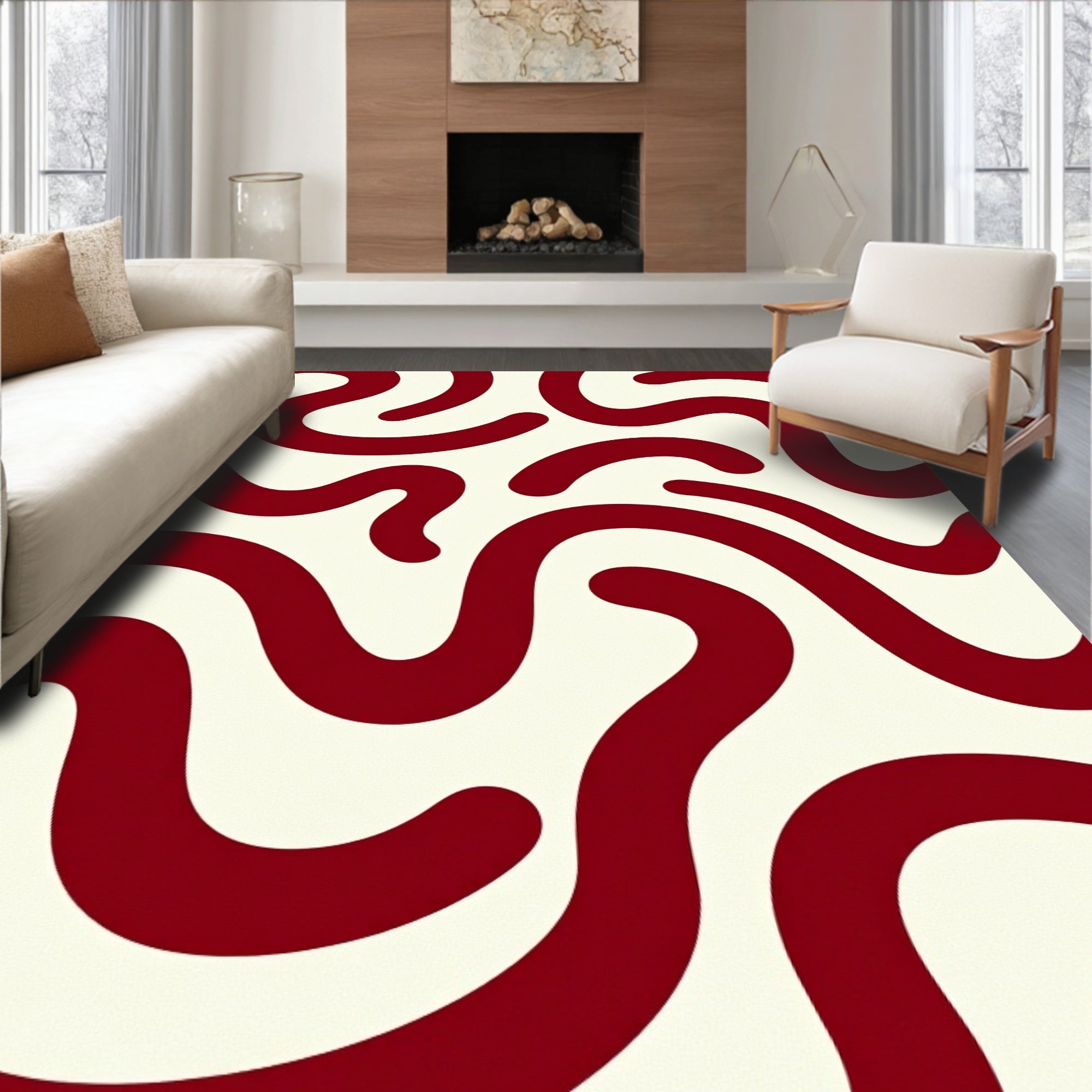Deep Red Abstract Swirl Design Rug