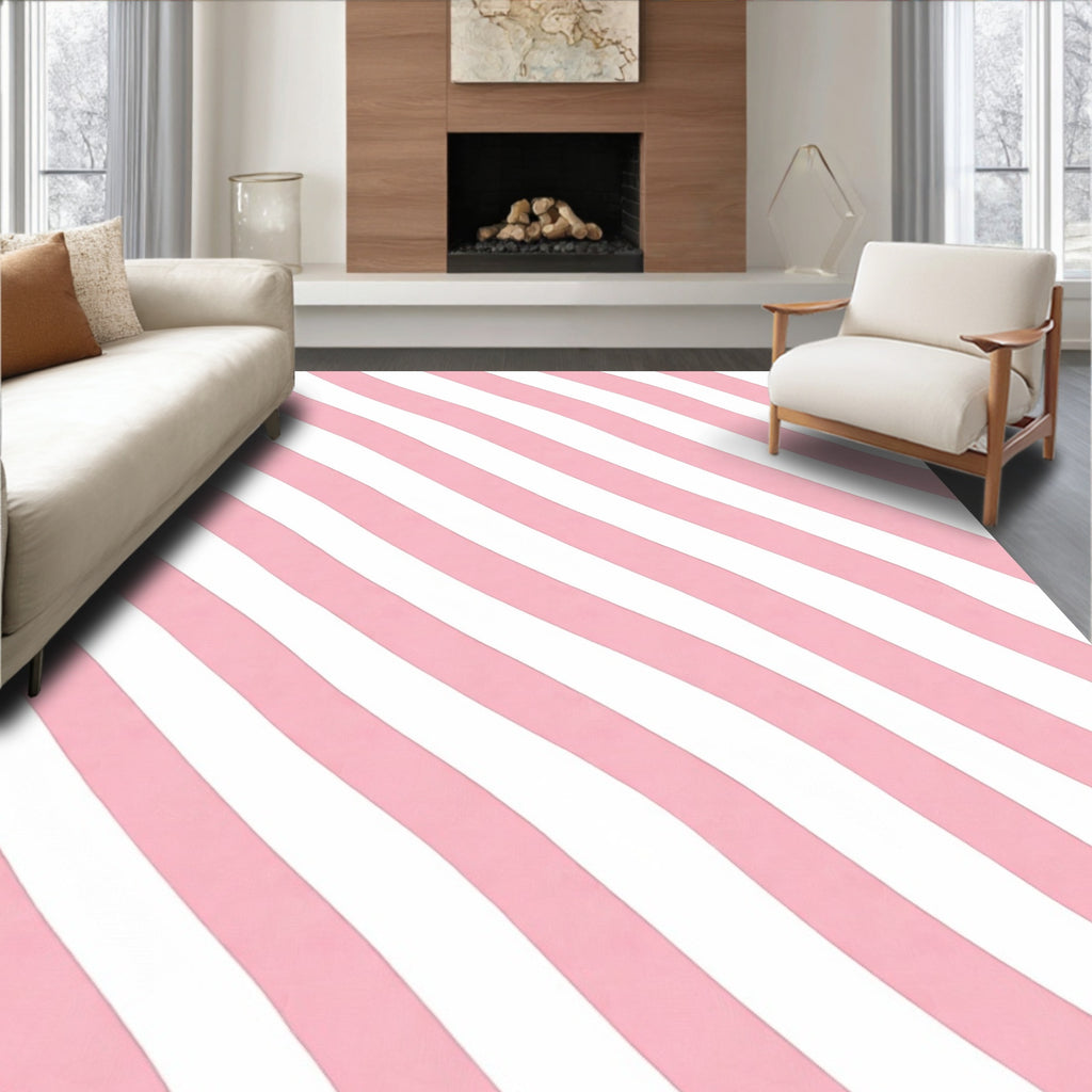 Pink and White Wavy Stripes Rug