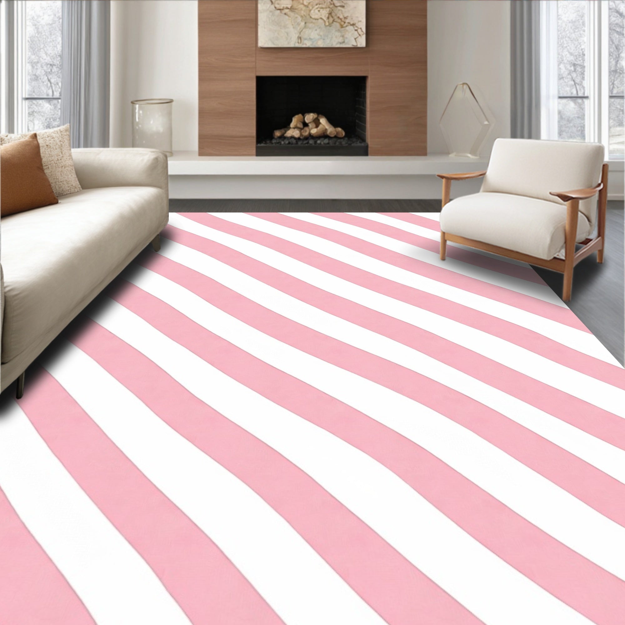 Pink and White Wavy Stripes Rug