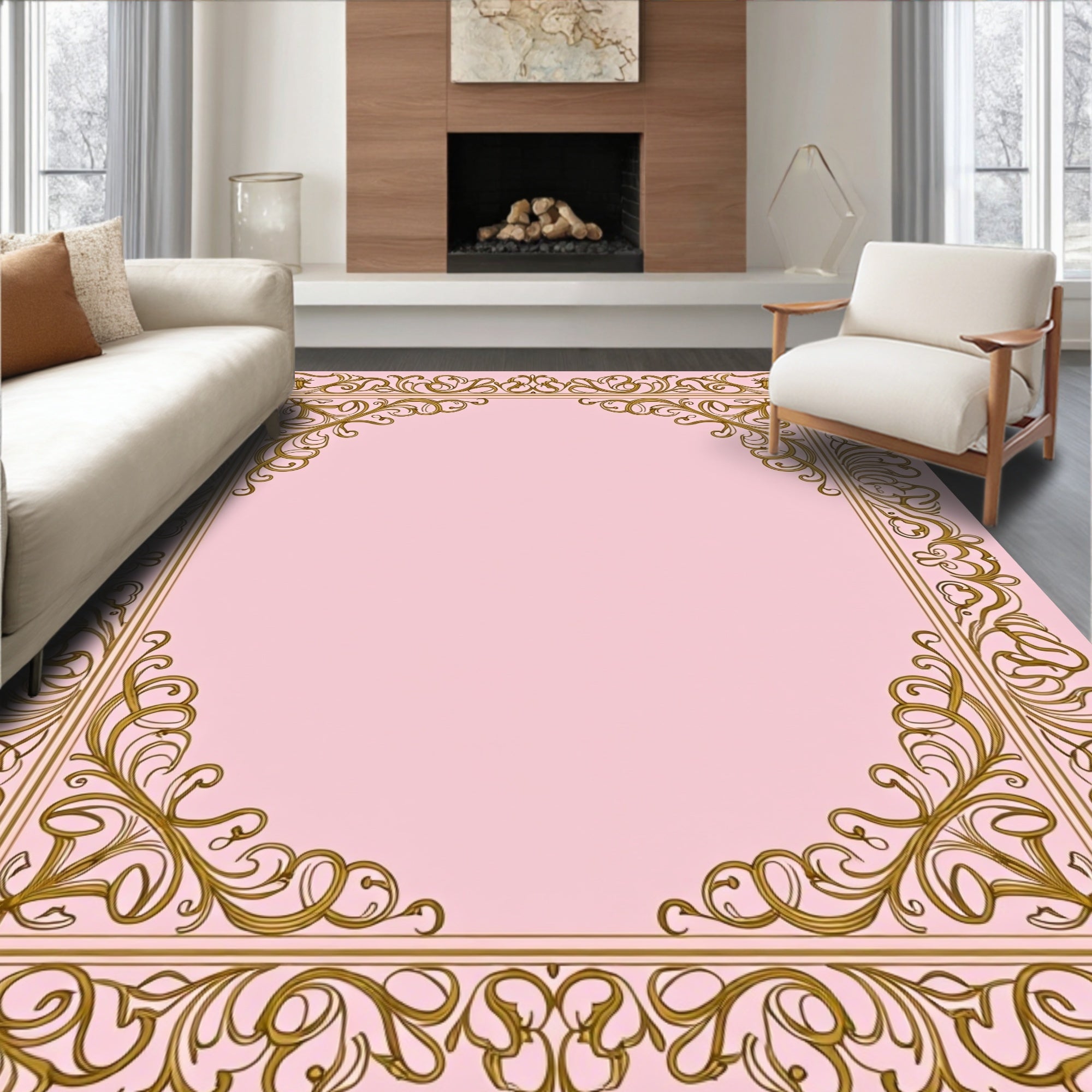 Ornate Golden Filigree Floral Frame Rug