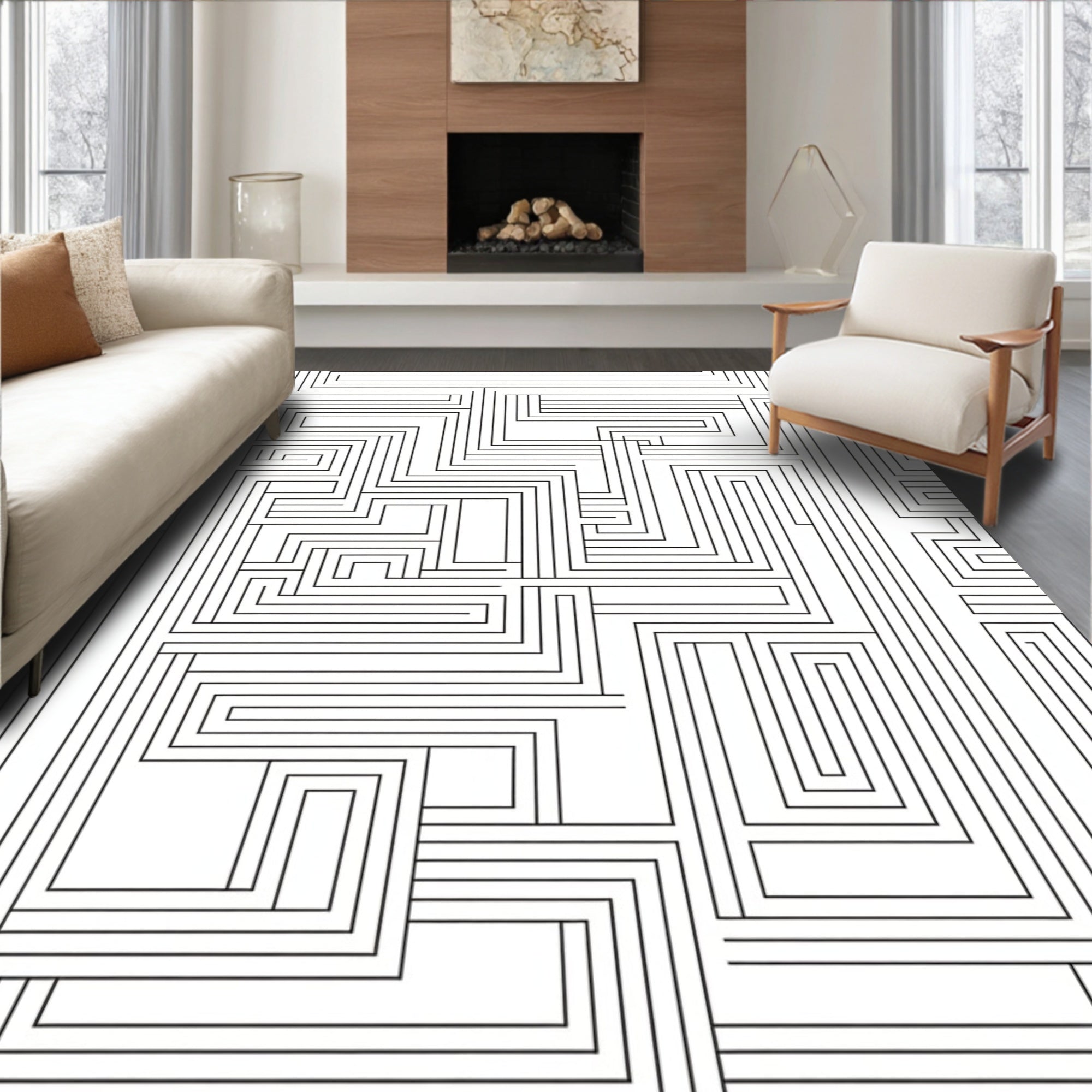 Abstract Maze Geometric Line Art Design Rug