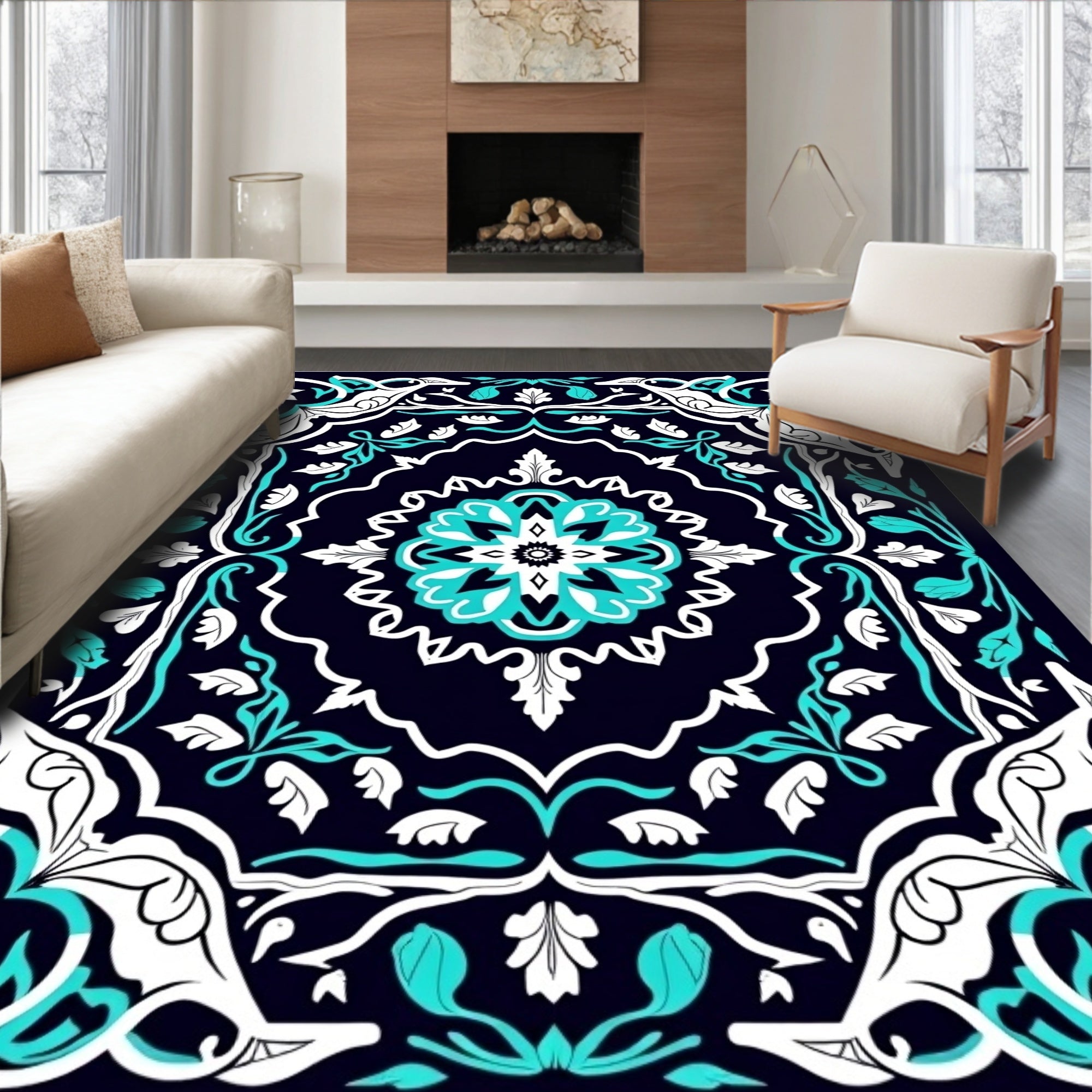 Damask Floral Patterned Teal White Rug