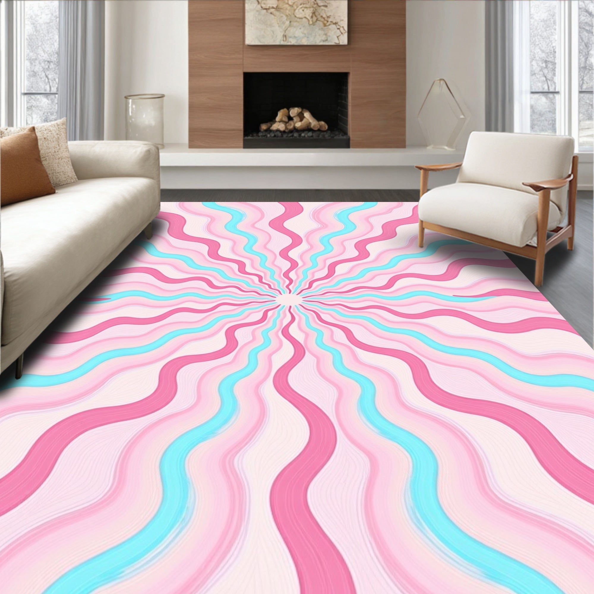 Pink Aqua Swirl Sunburst Pattern Rug