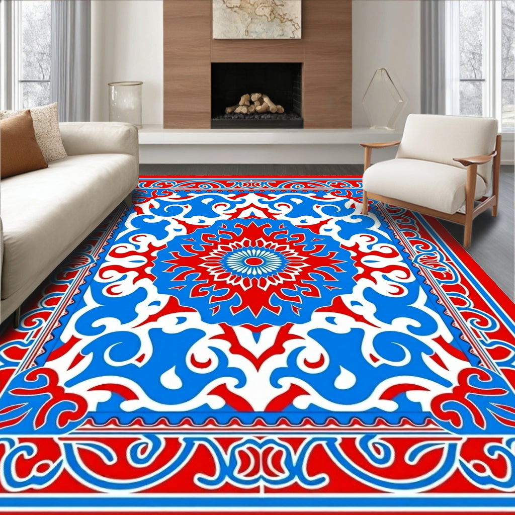 Bold Red Blue Ornate Floral Pattern Rug