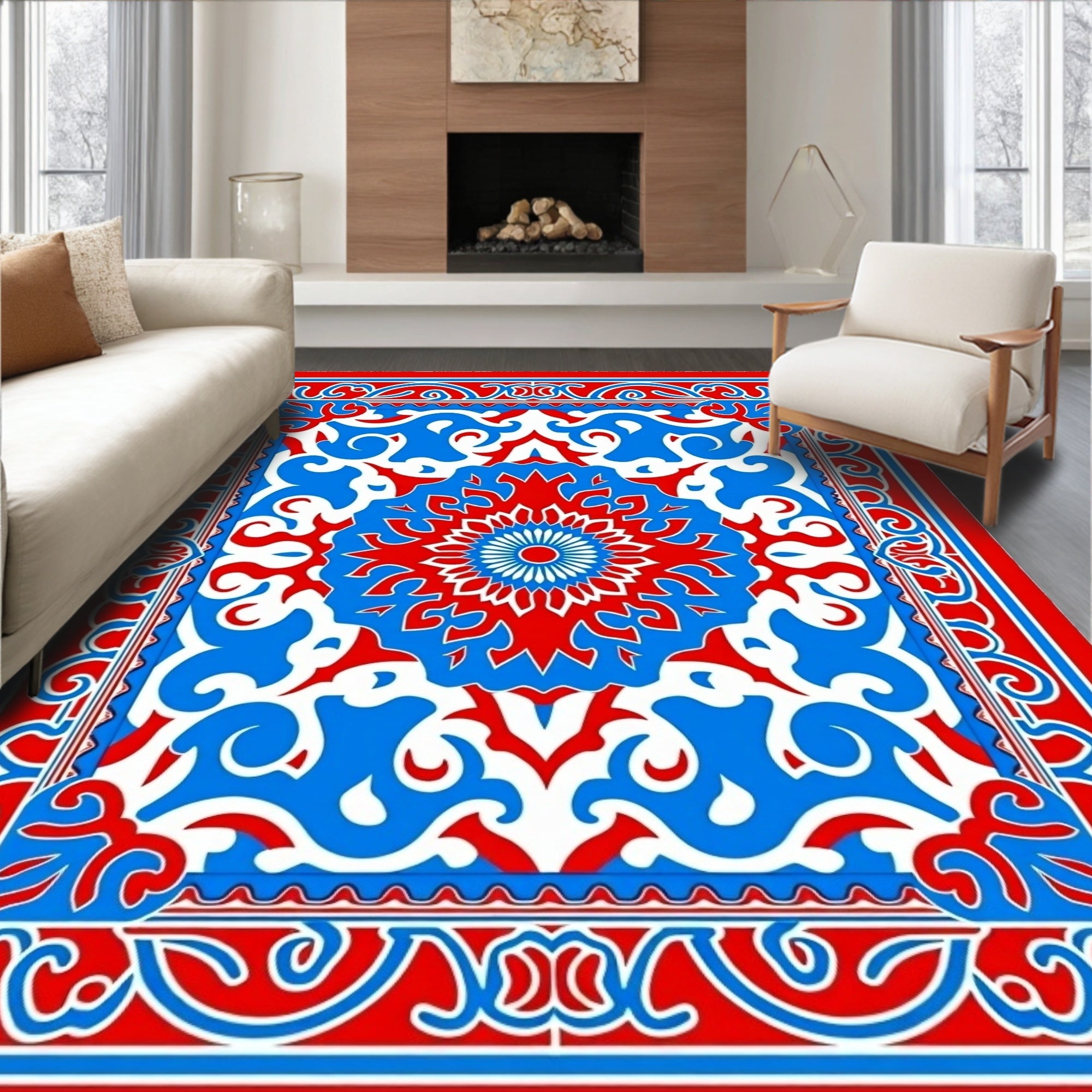 Bold Red Blue Ornate Floral Pattern Rug