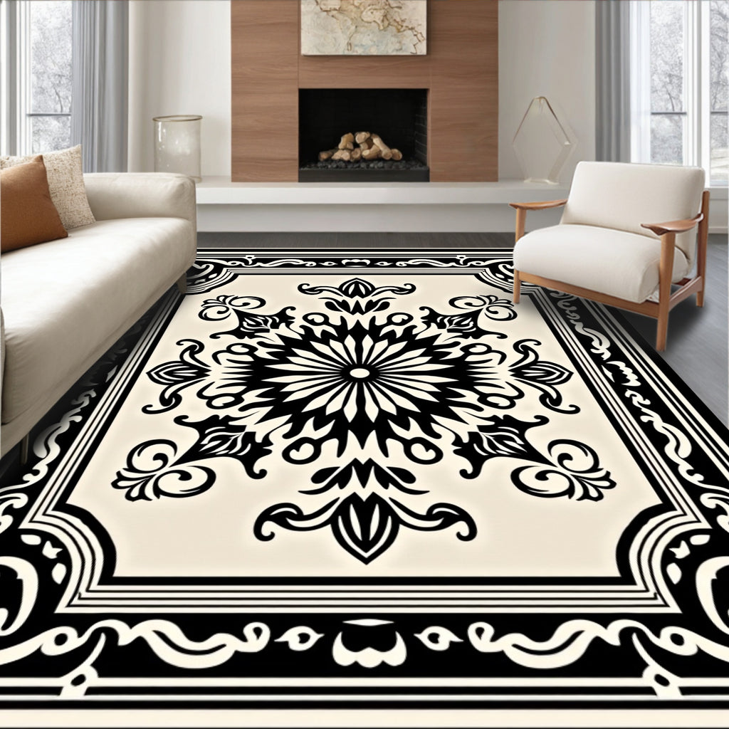 Ornate Black Ivory Symmetry Mandala Rug