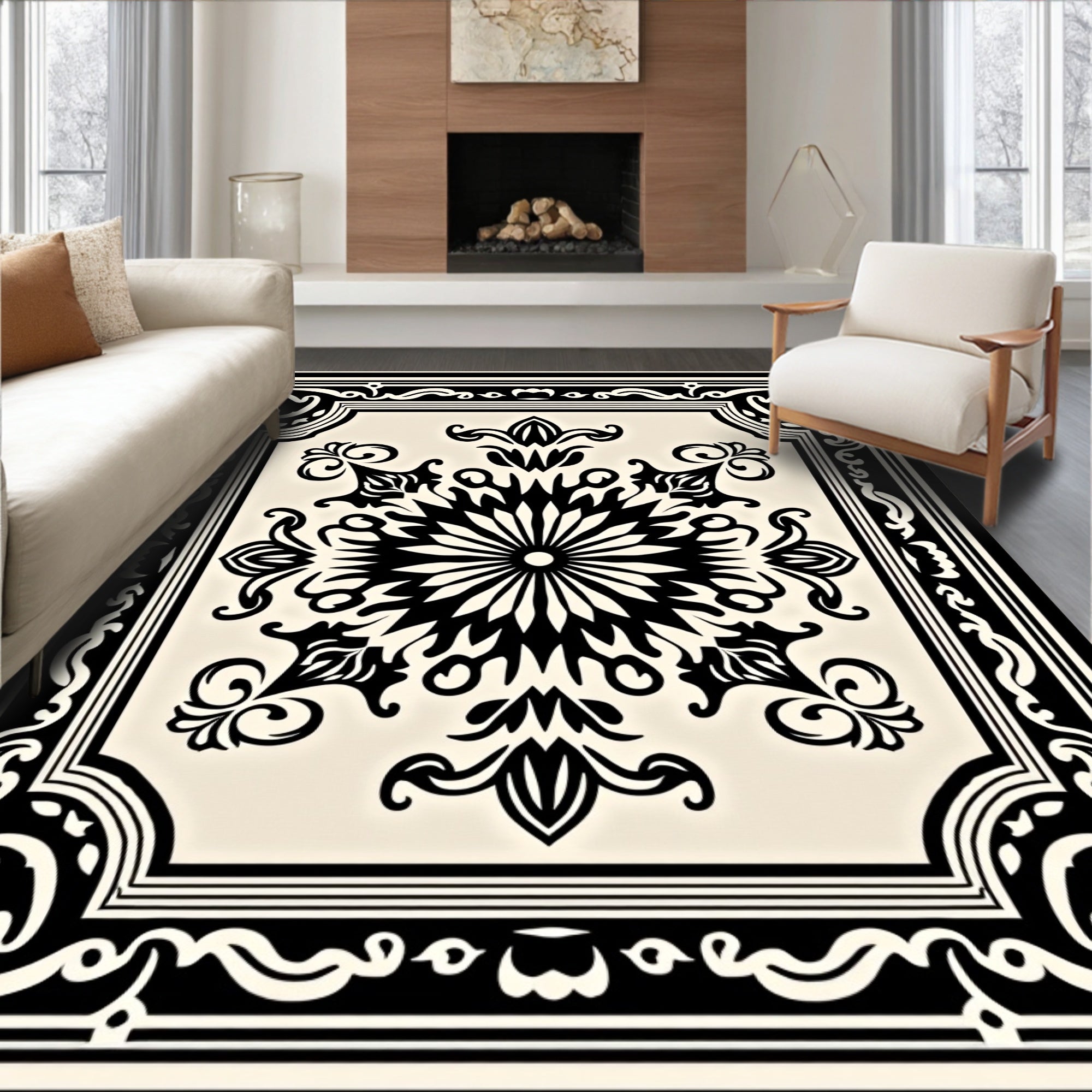 Ornate Black Ivory Symmetry Mandala Rug
