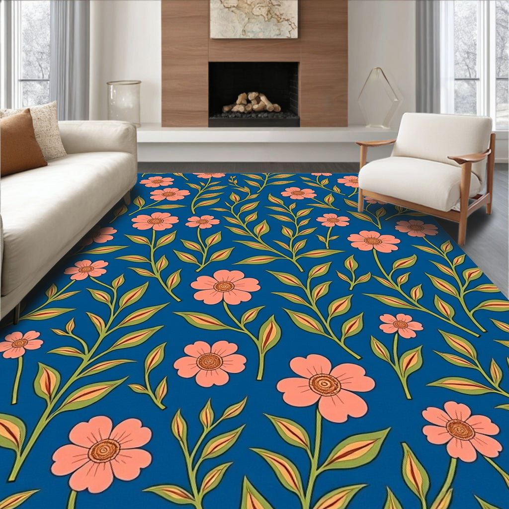 Coral Flower Design on Blue Background Rug