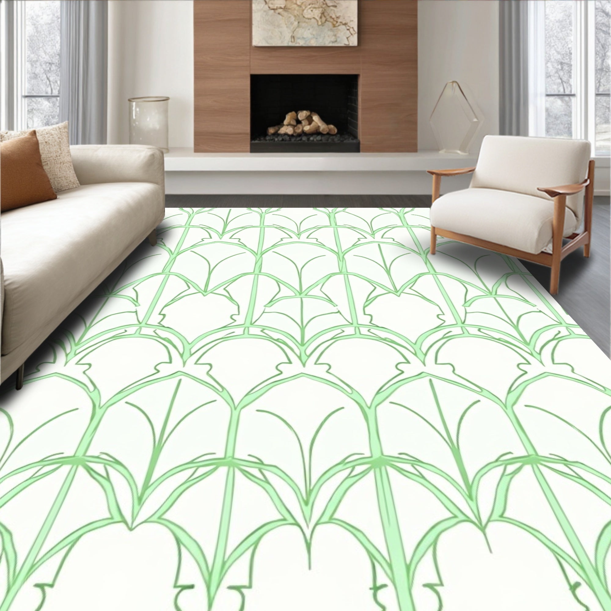 Green Art Deco Fan Motif Rug