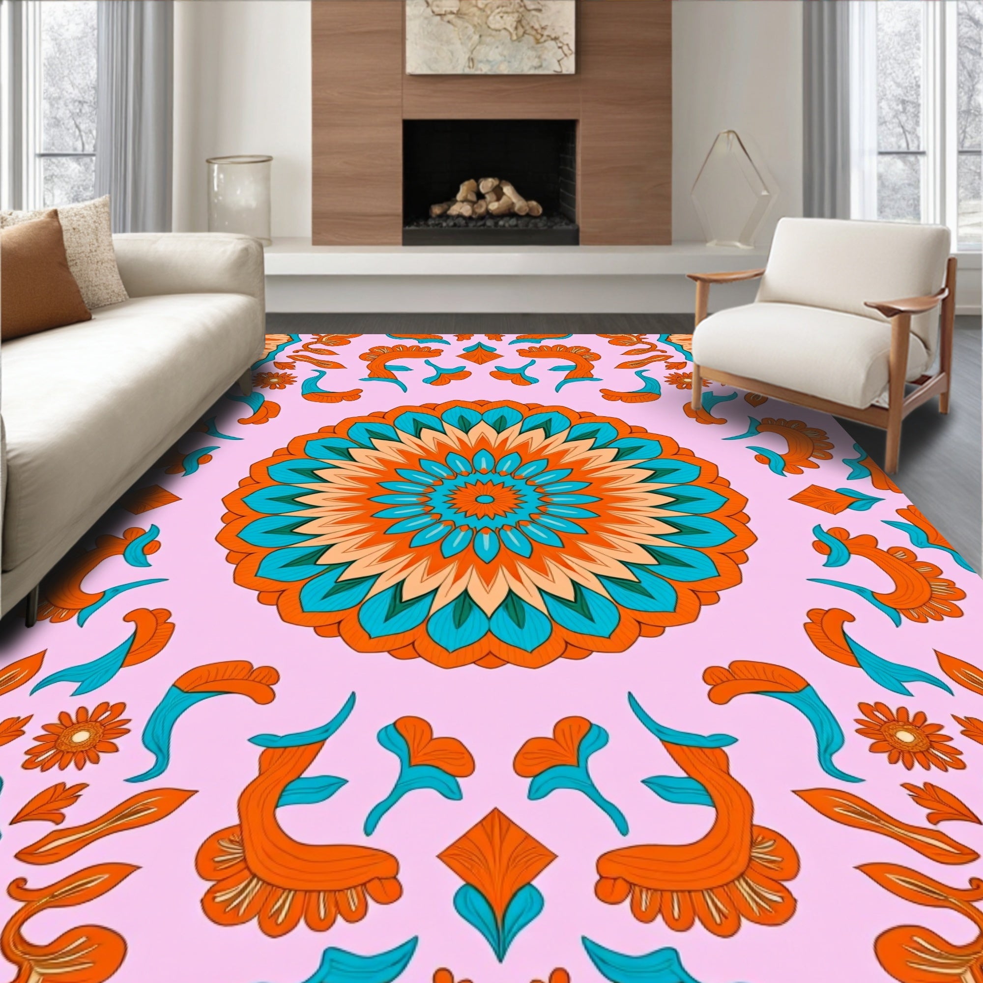 Mandala Inspired Orange Teal Pattern Rug