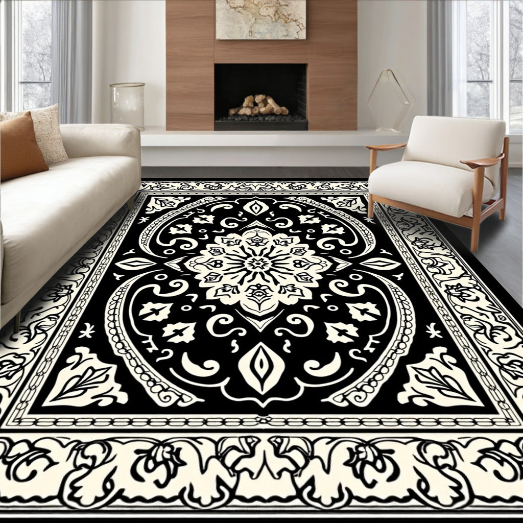 Black Floral Medallion Border Rug