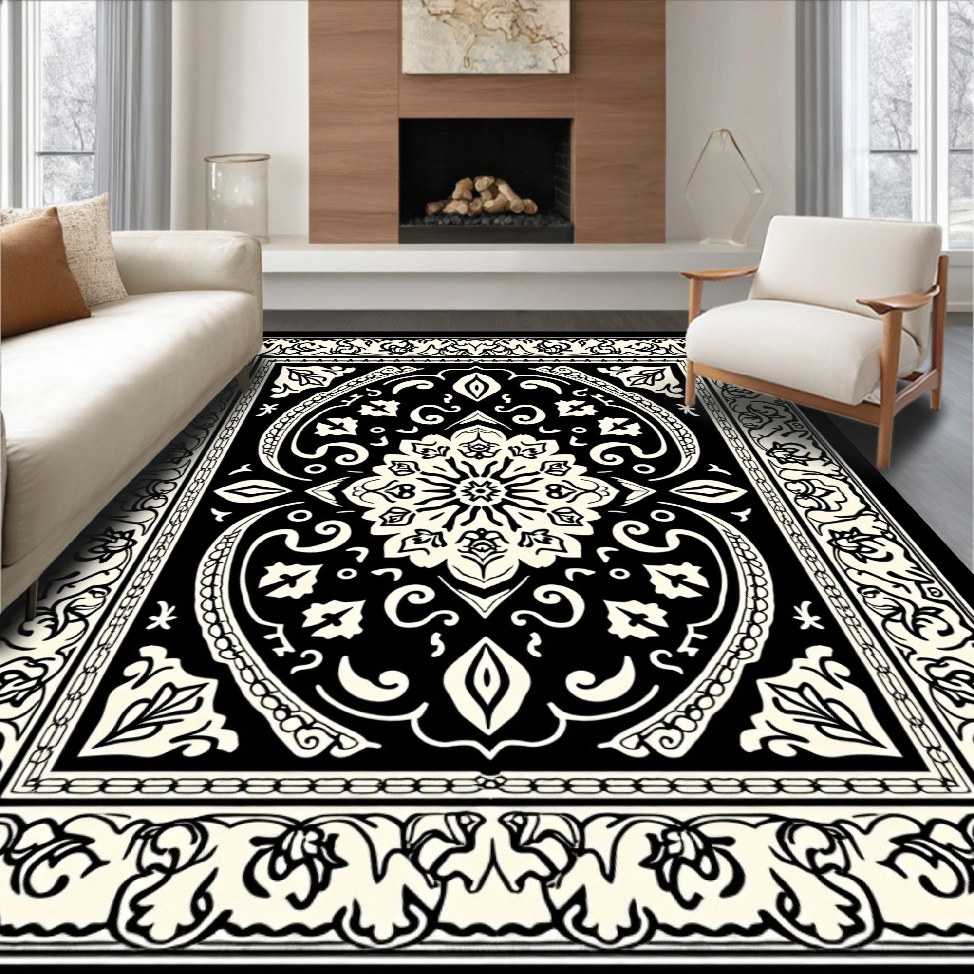 Black Floral Medallion Border Rug
