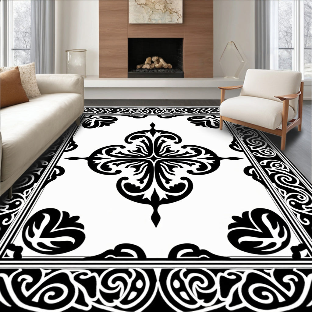 Classic Black White Ornamental Scroll Rug