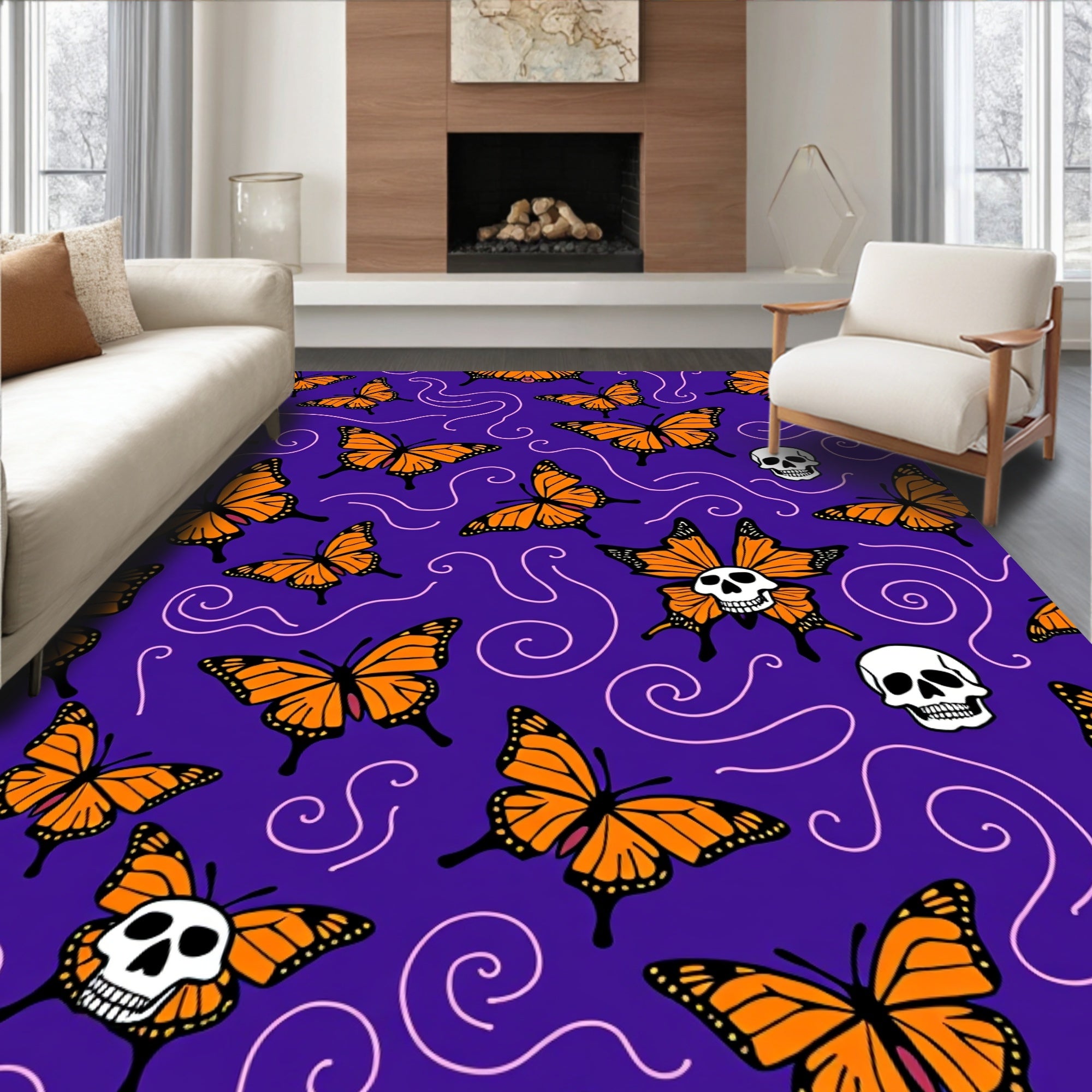 Orange Butterfly Skull Pattern Rug