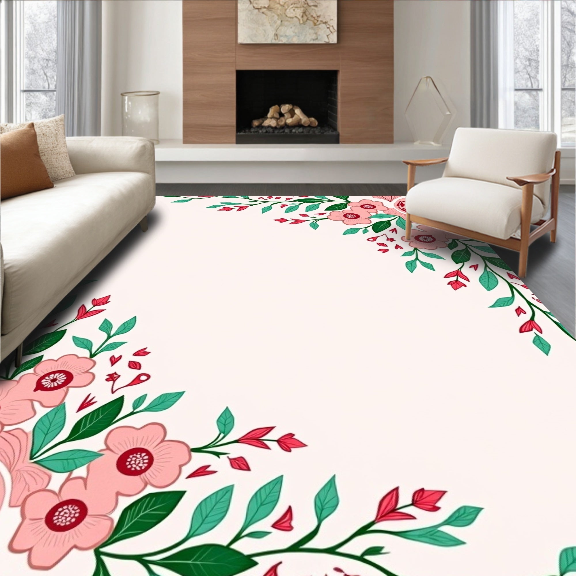 Pink Floral Vines Pattern Rug