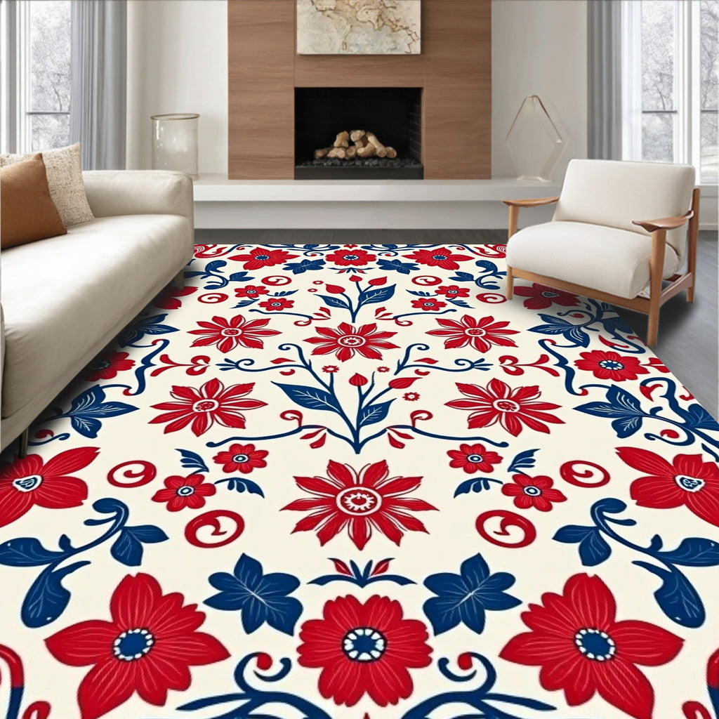 Red Blue Floral Pattern Design Rug