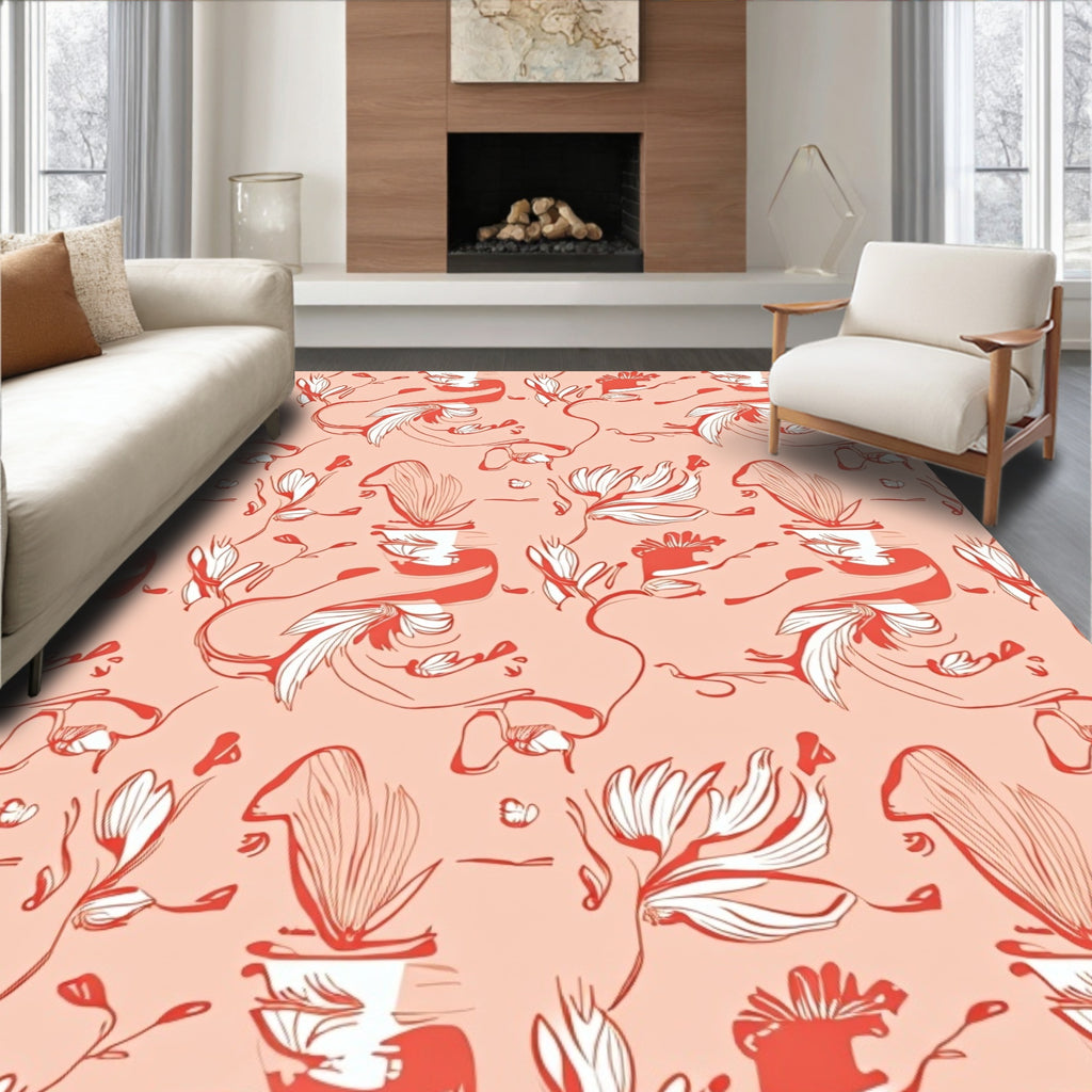 Coral and White Floral Swirl Pattern Rug