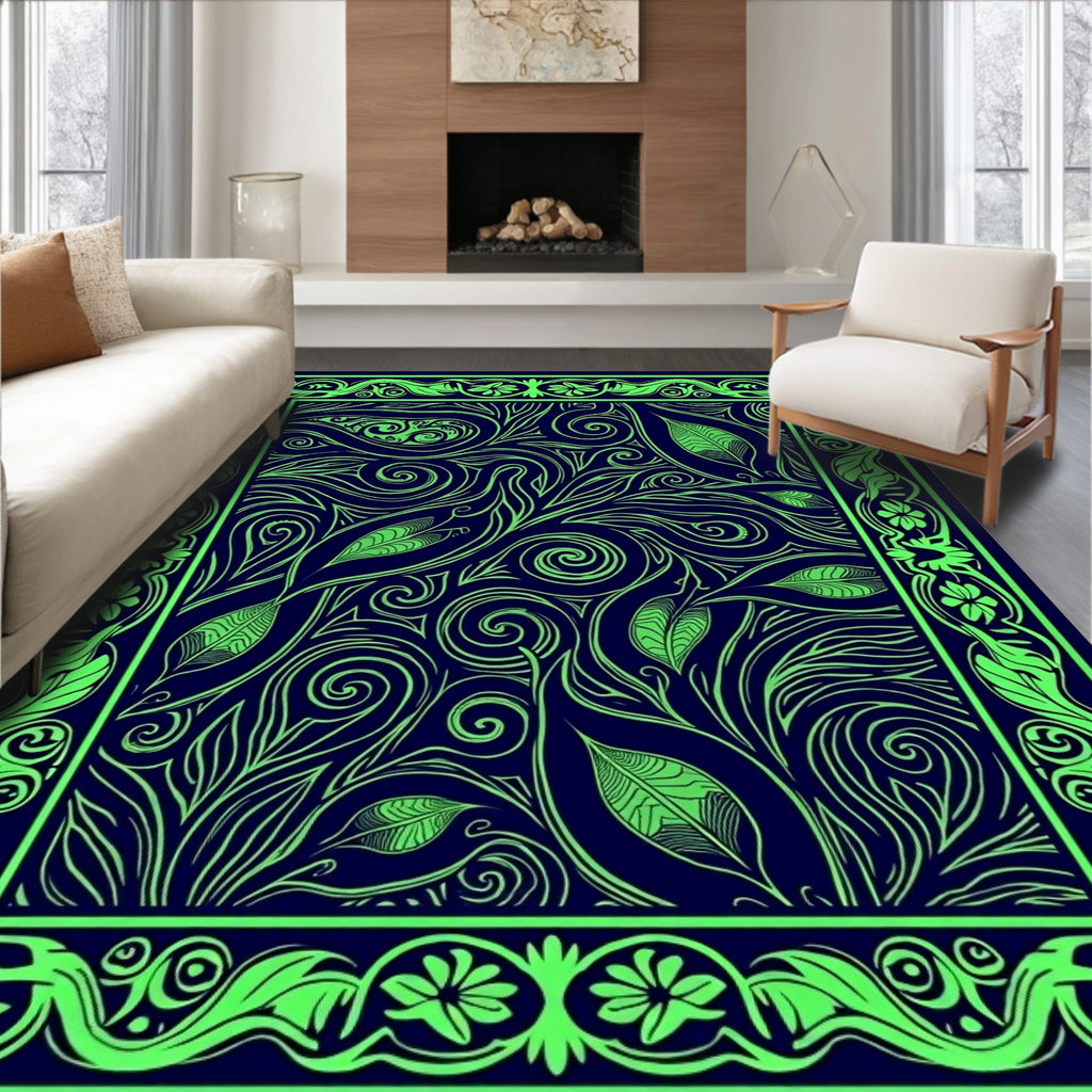 Green Floral Vine Patterned Rug