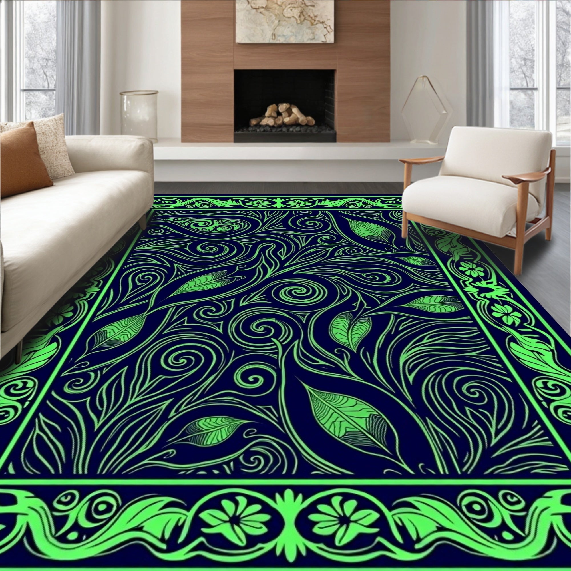 Green Floral Vine Patterned Rug