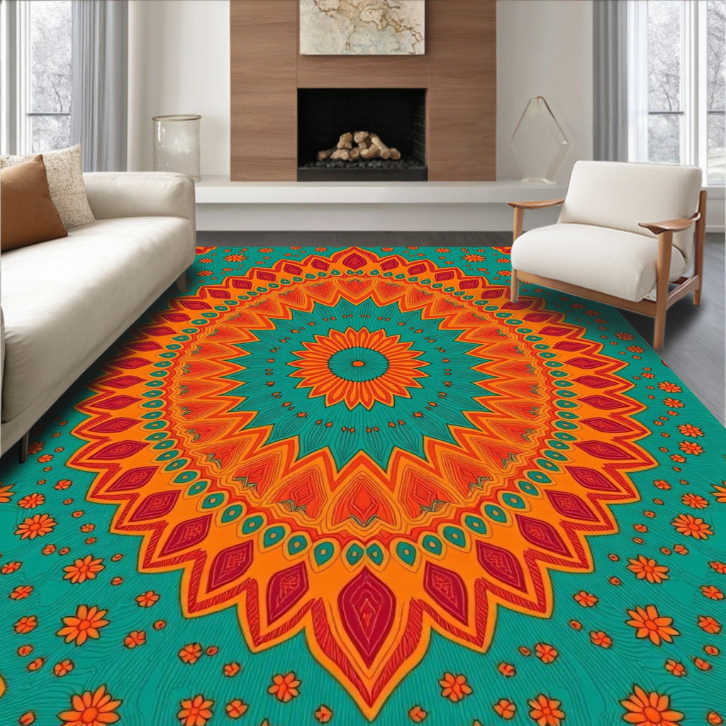 Vivid Teal Orange Mandala Floral Rug