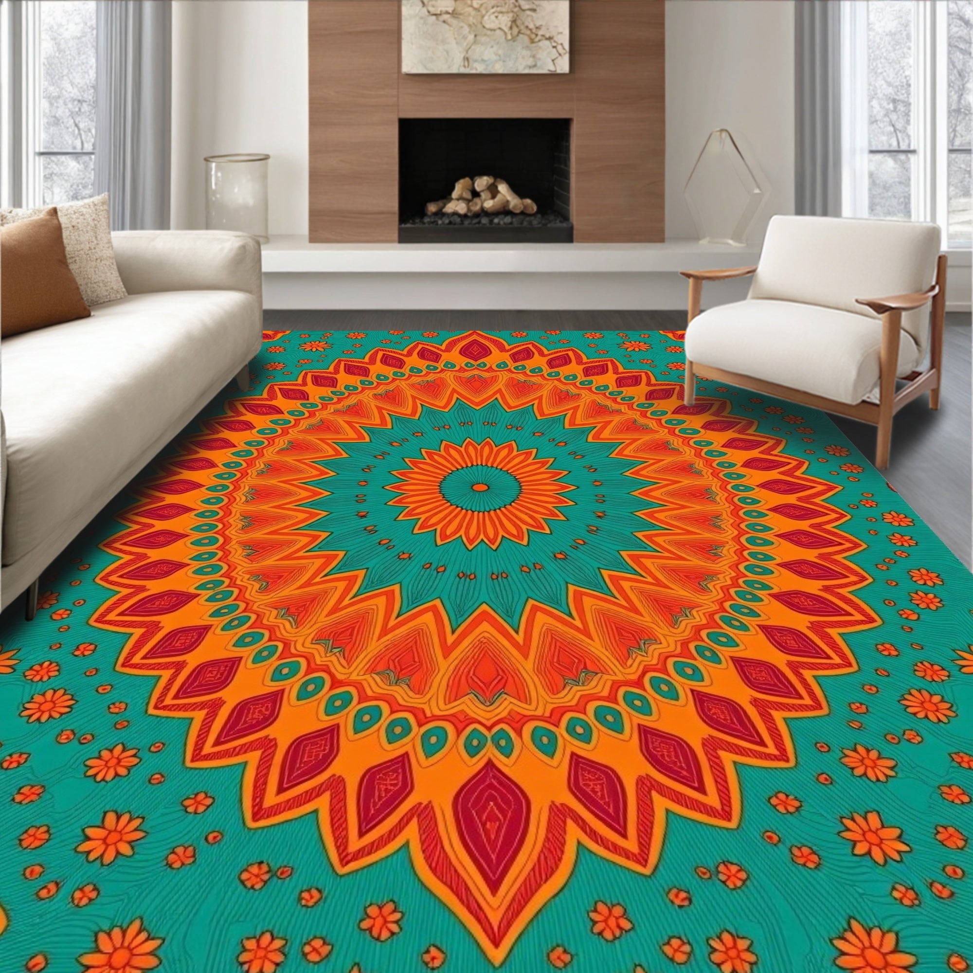 Vivid Teal Orange Mandala Floral Rug