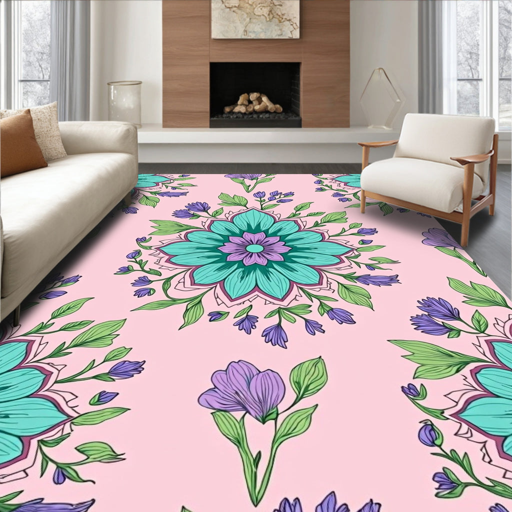 Mandala Floral Design With Teal Accents Rug
