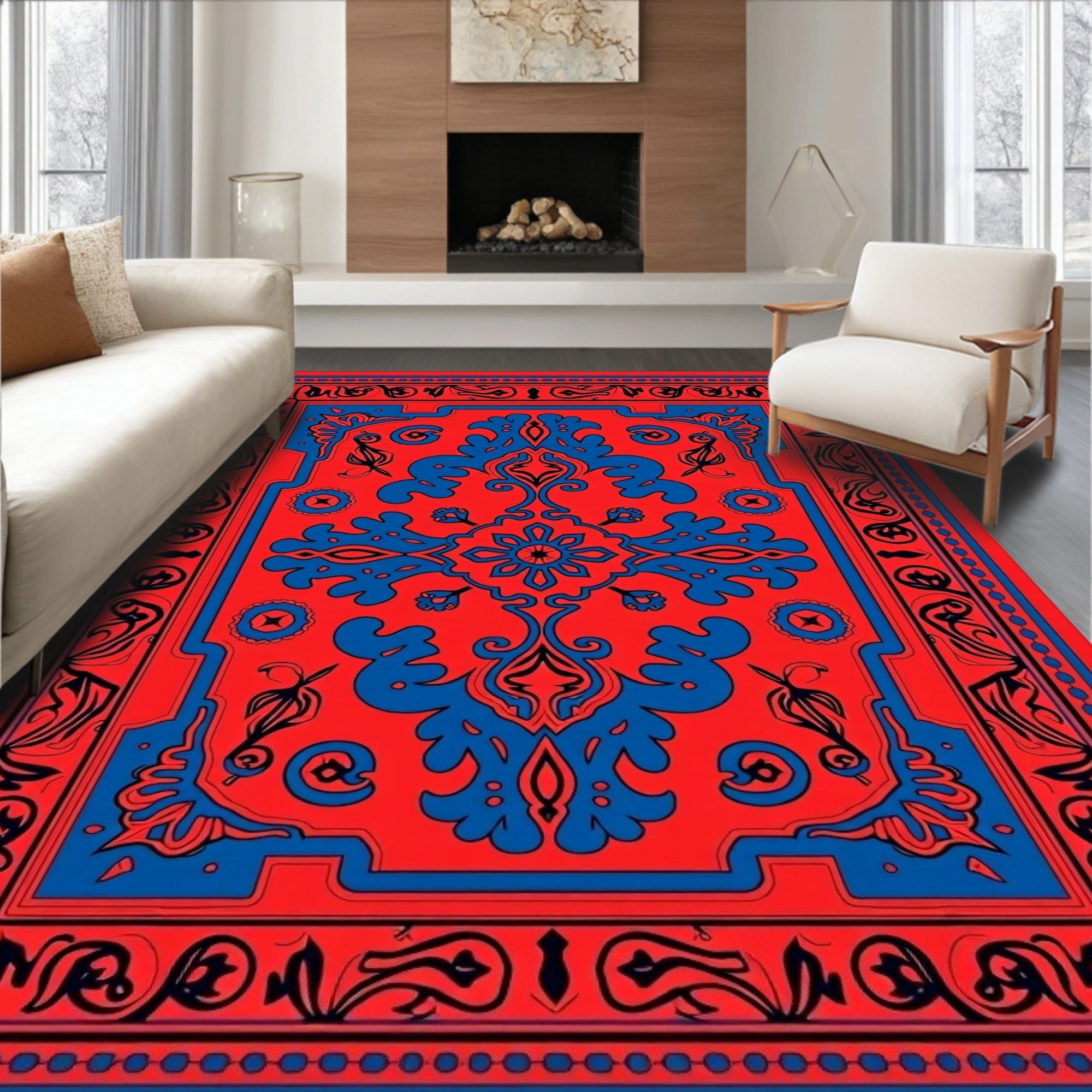 Bold Geometric Red Blue Pattern Design Rug