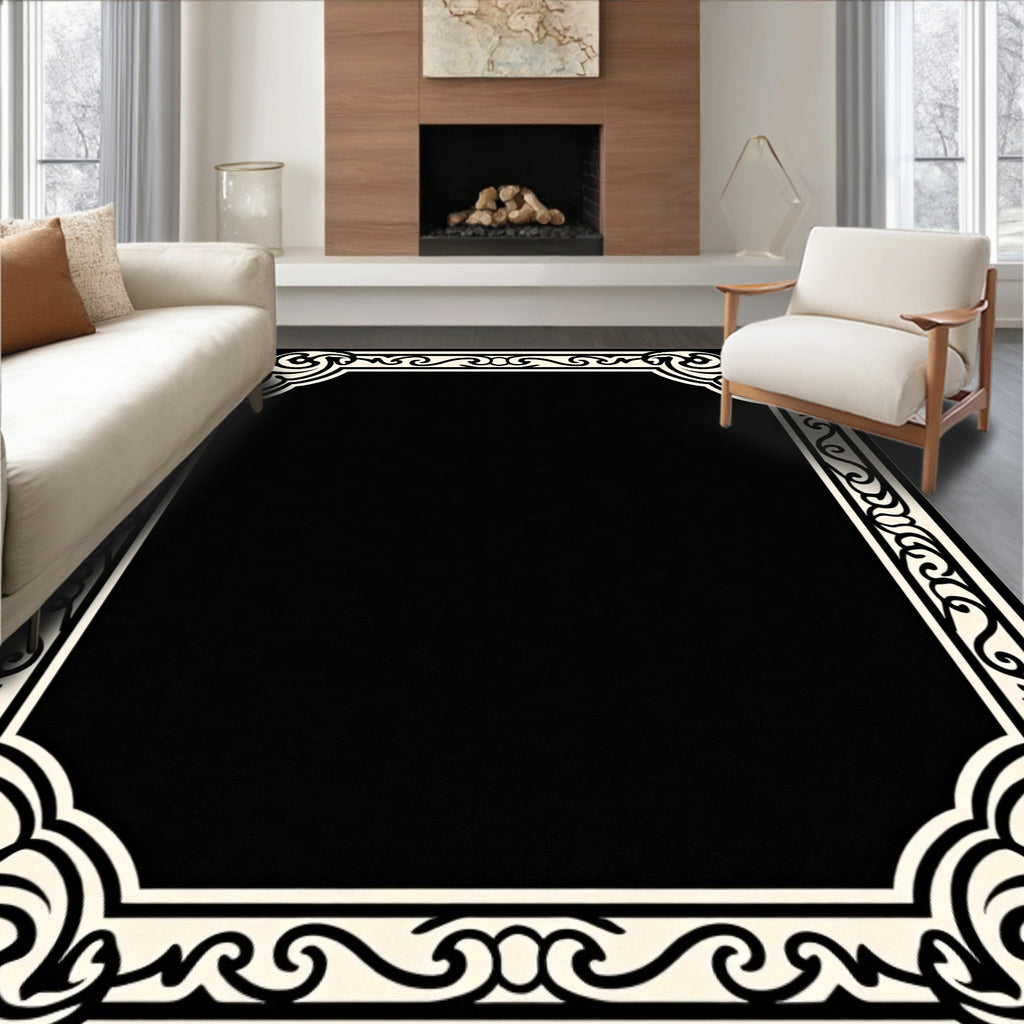 Black Cream Ornate Border Design Rug