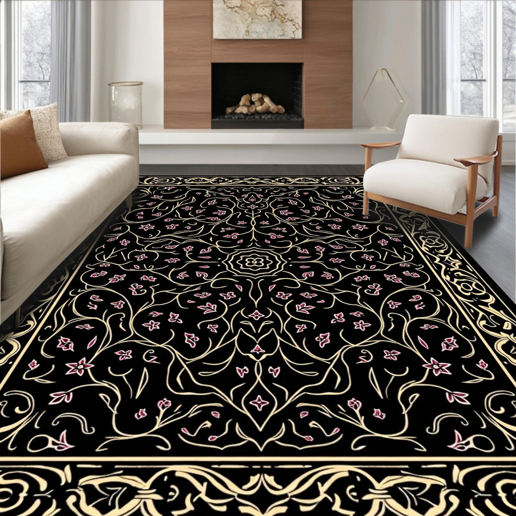 Ornate Floral Black Gold Rug