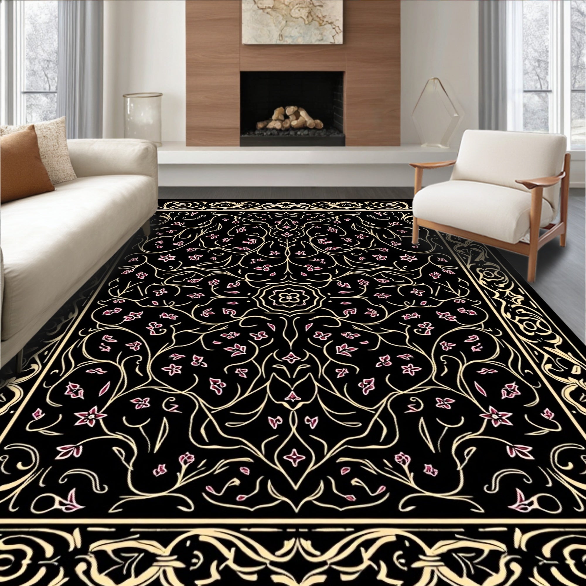 Ornate Floral Black Gold Rug
