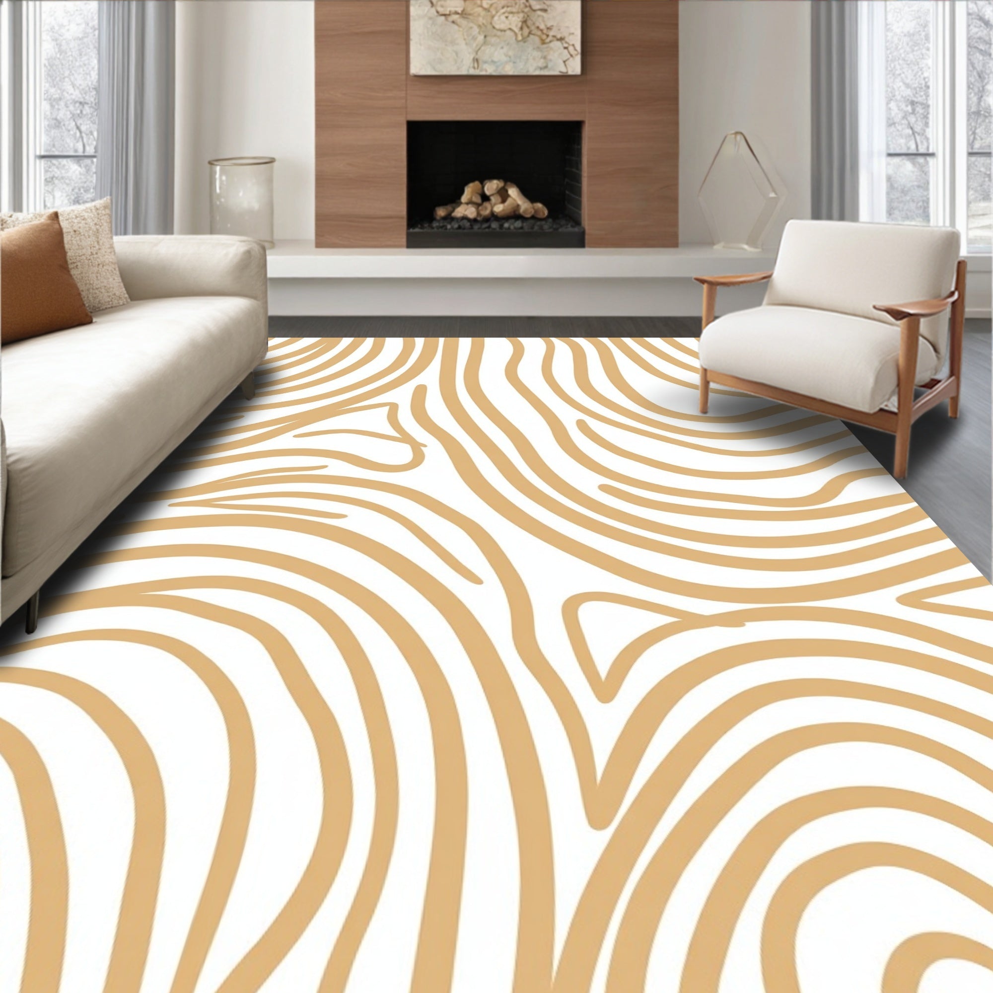 Golden Tan Abstract Swirl Pattern Rug