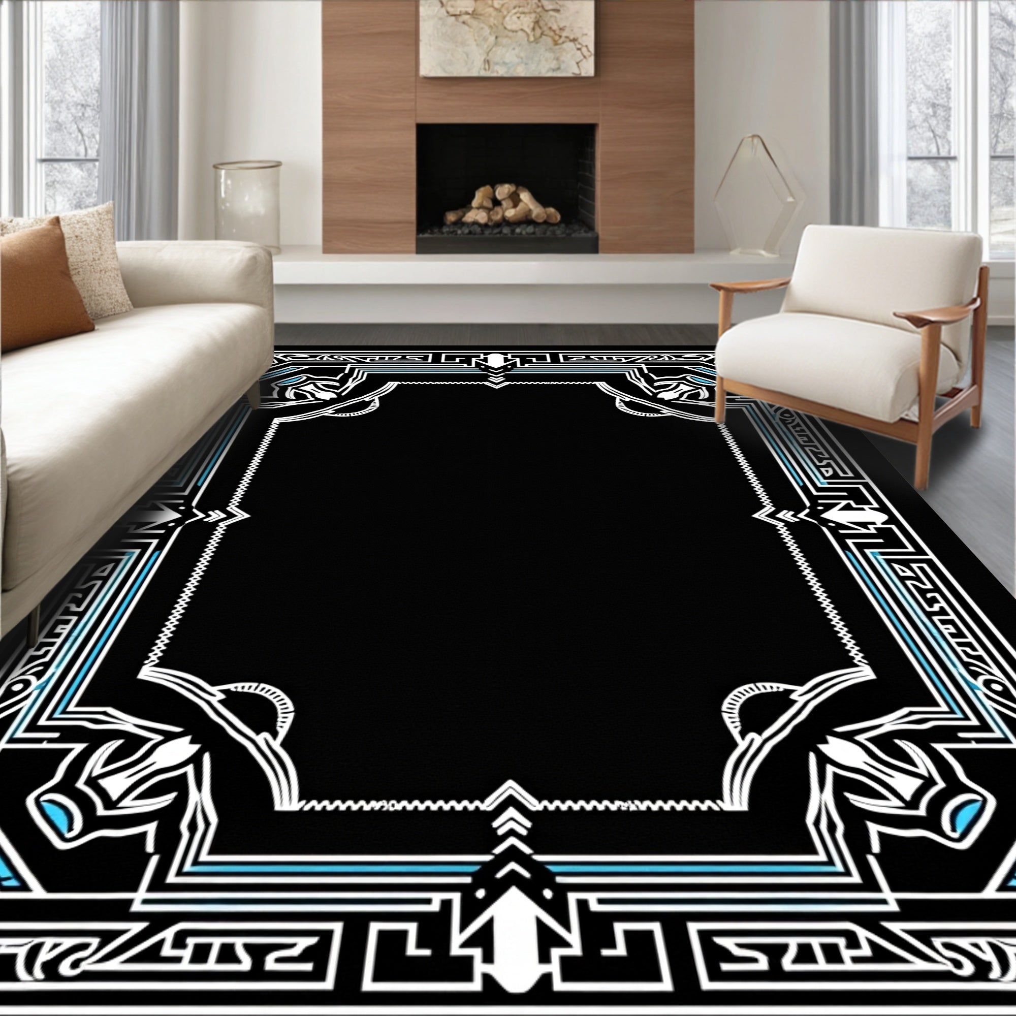 Bold Art Deco Black White Turquoise Frame Rug