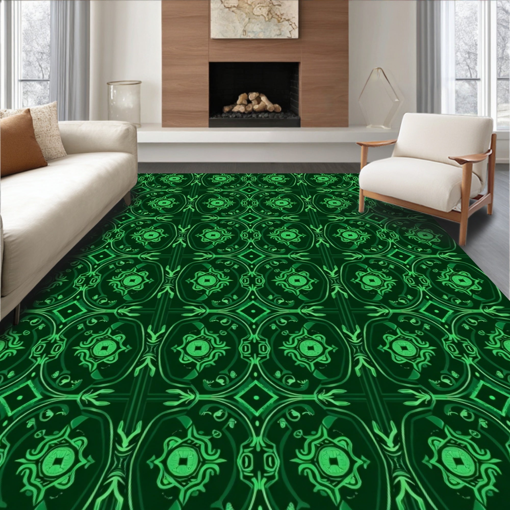 Dark Green Ornamental Medallion Pattern Rug