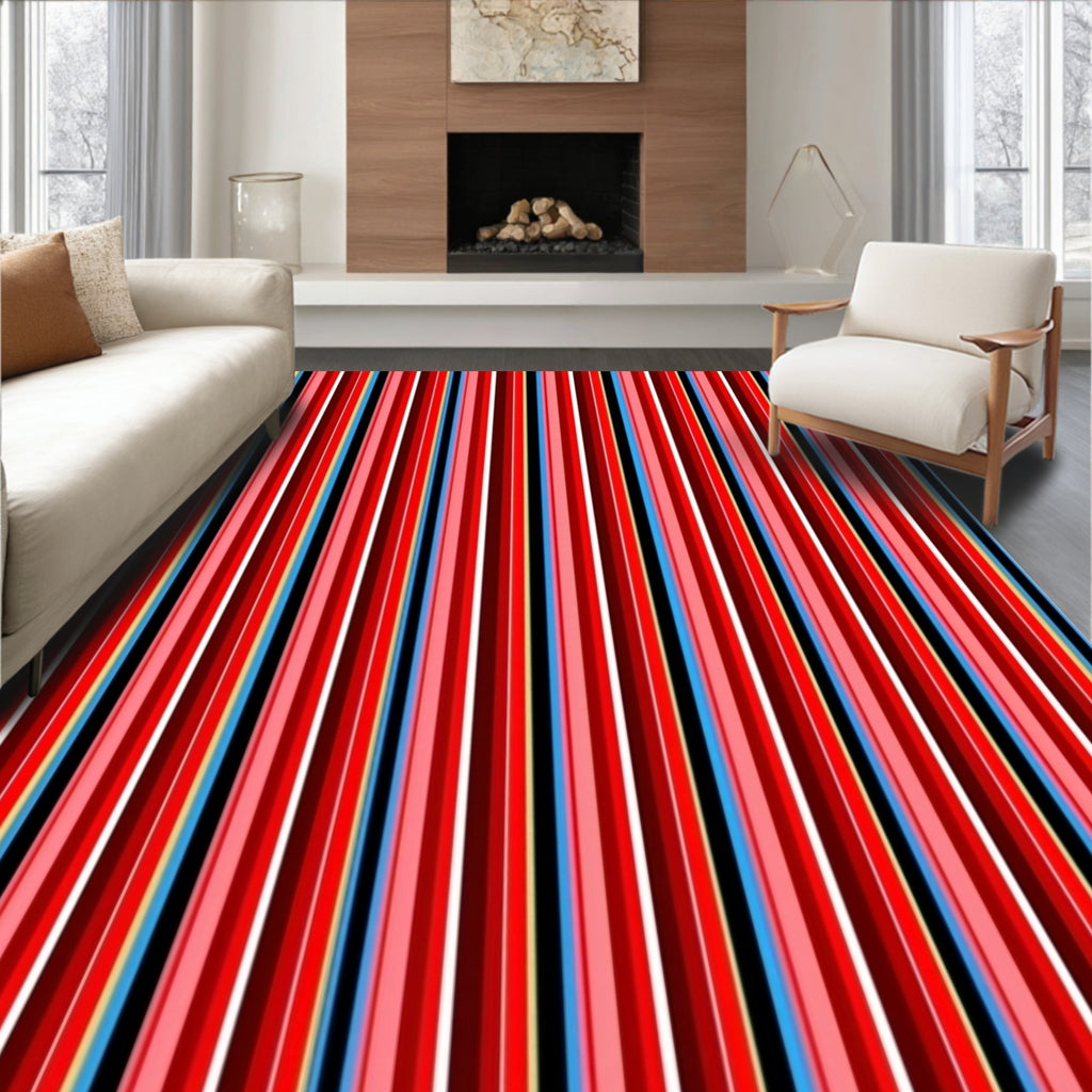 Vibrant Red Blue Stripe Pattern Rug