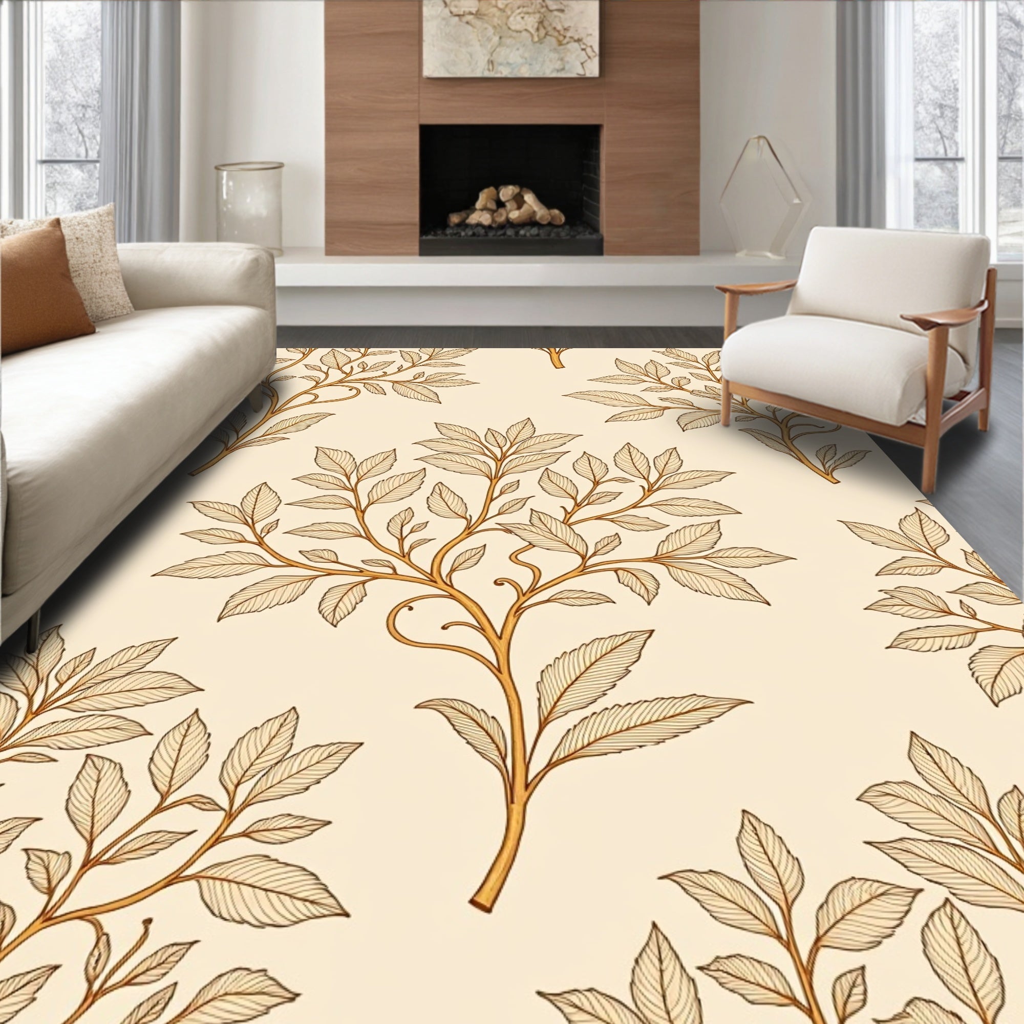 Botanical Branch Leaf Pattern Rug