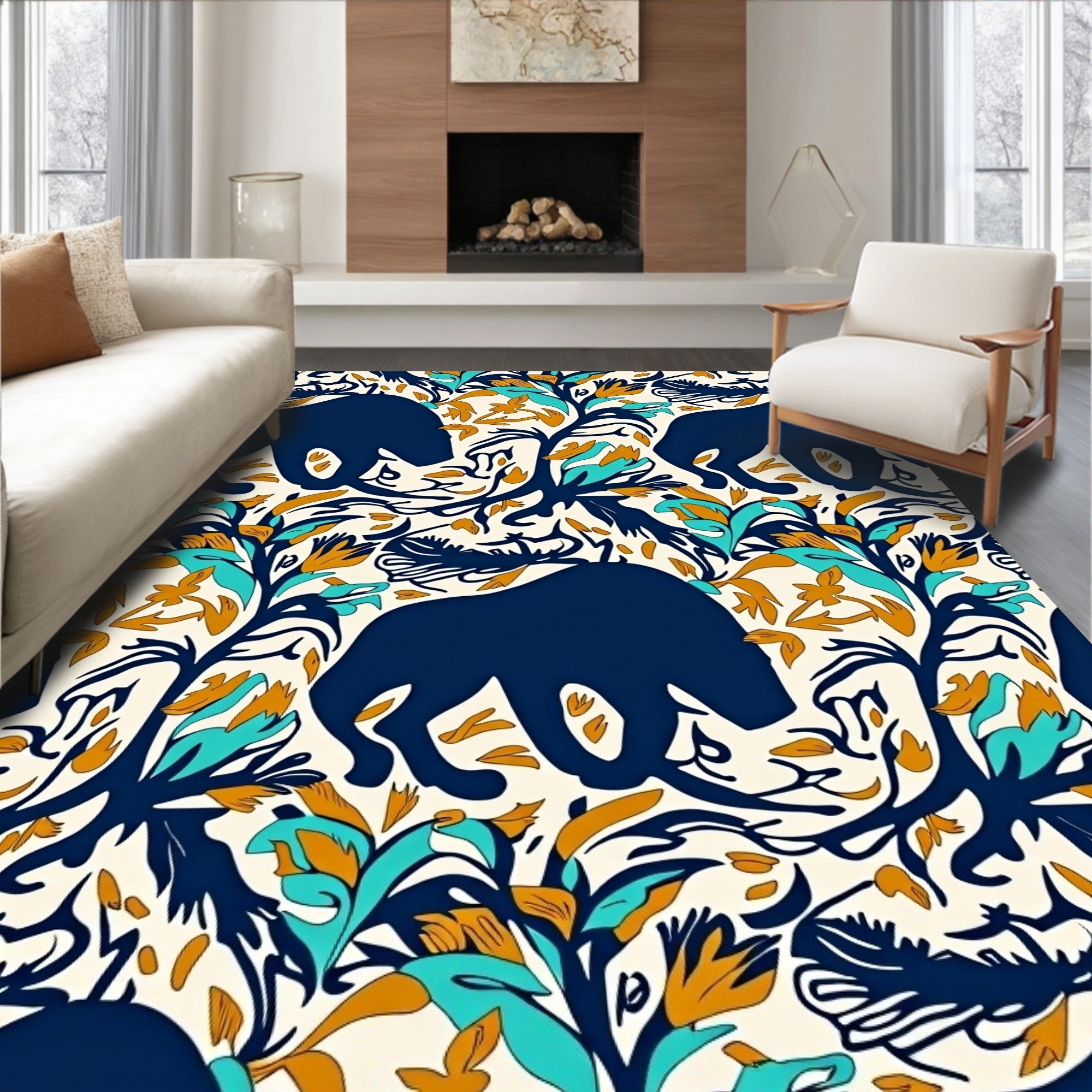 Bold Animal Botanical Pattern Design Rug