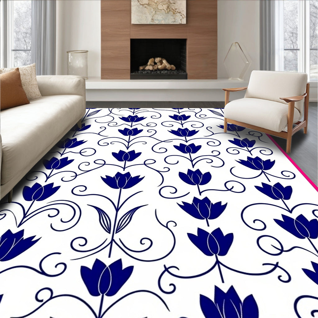 Navy Blue Floral Swirl Vine Rug