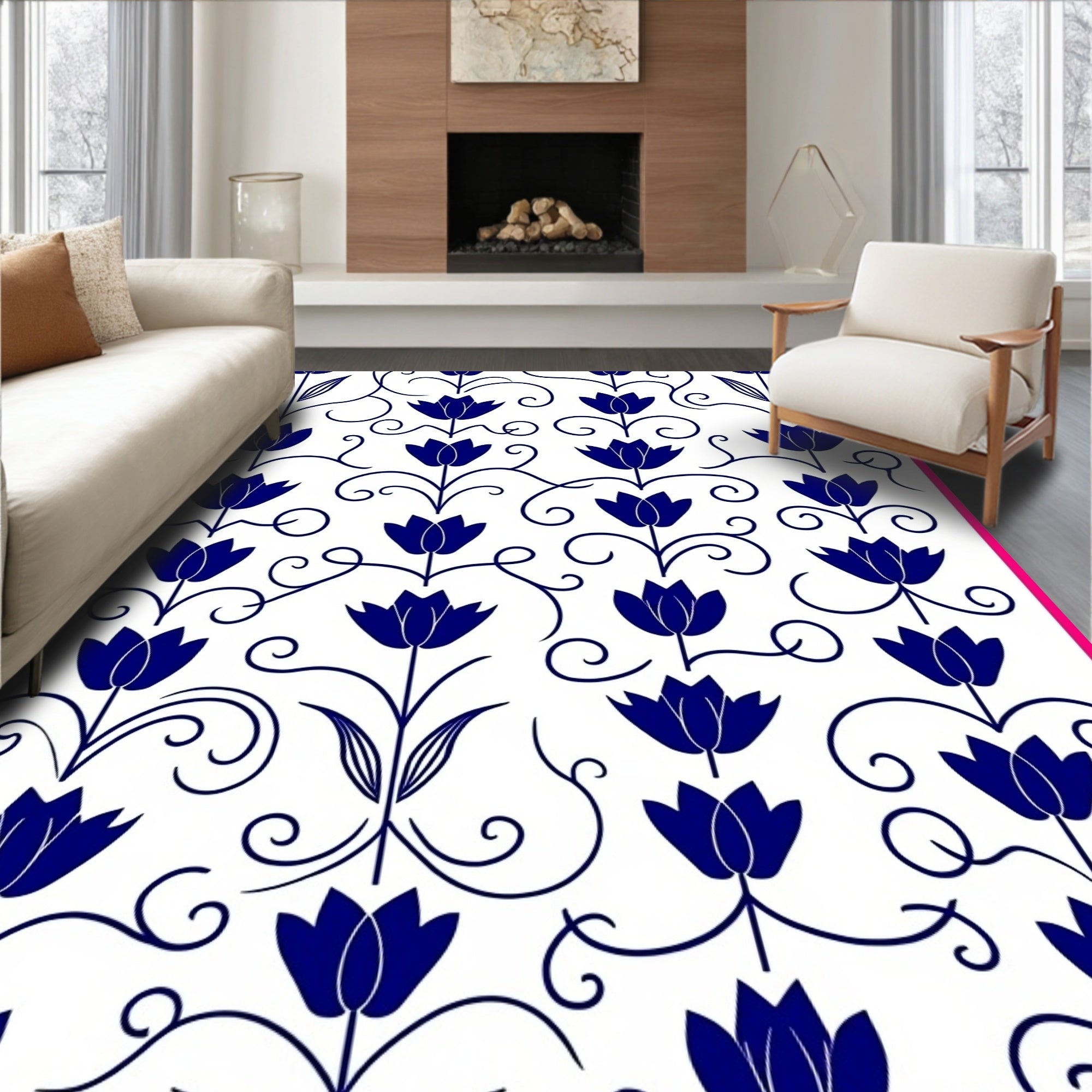 Navy Blue Floral Swirl Vine Rug