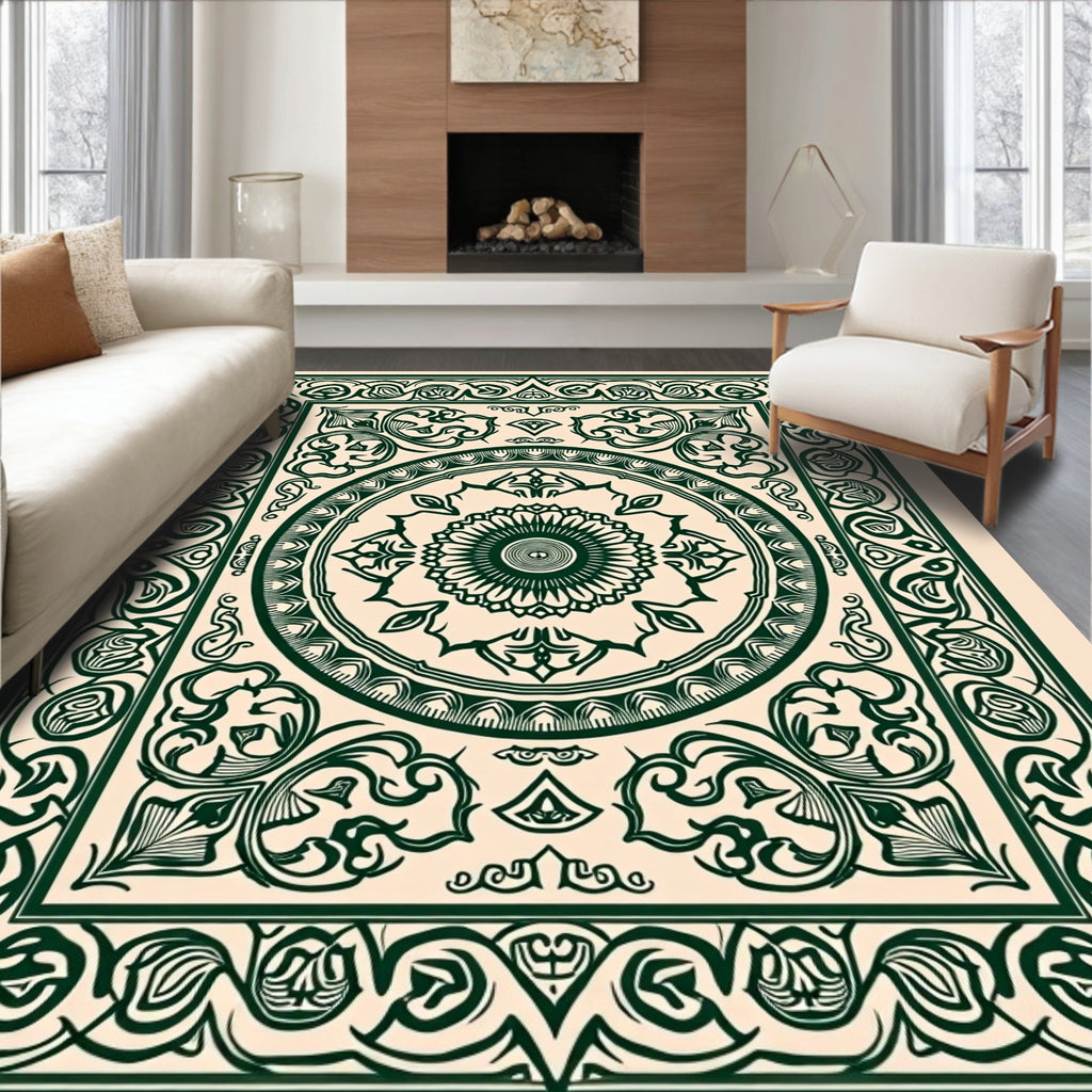 Intricate Green Floral Mandala Design Rug