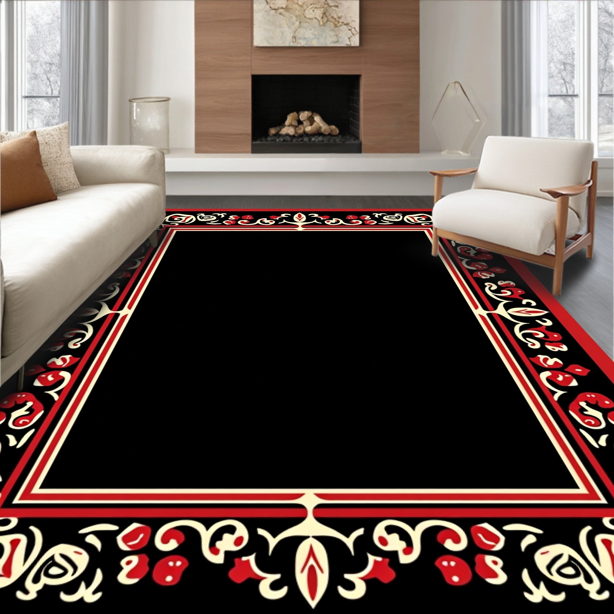 Bold Red and Cream Floral Border Rug