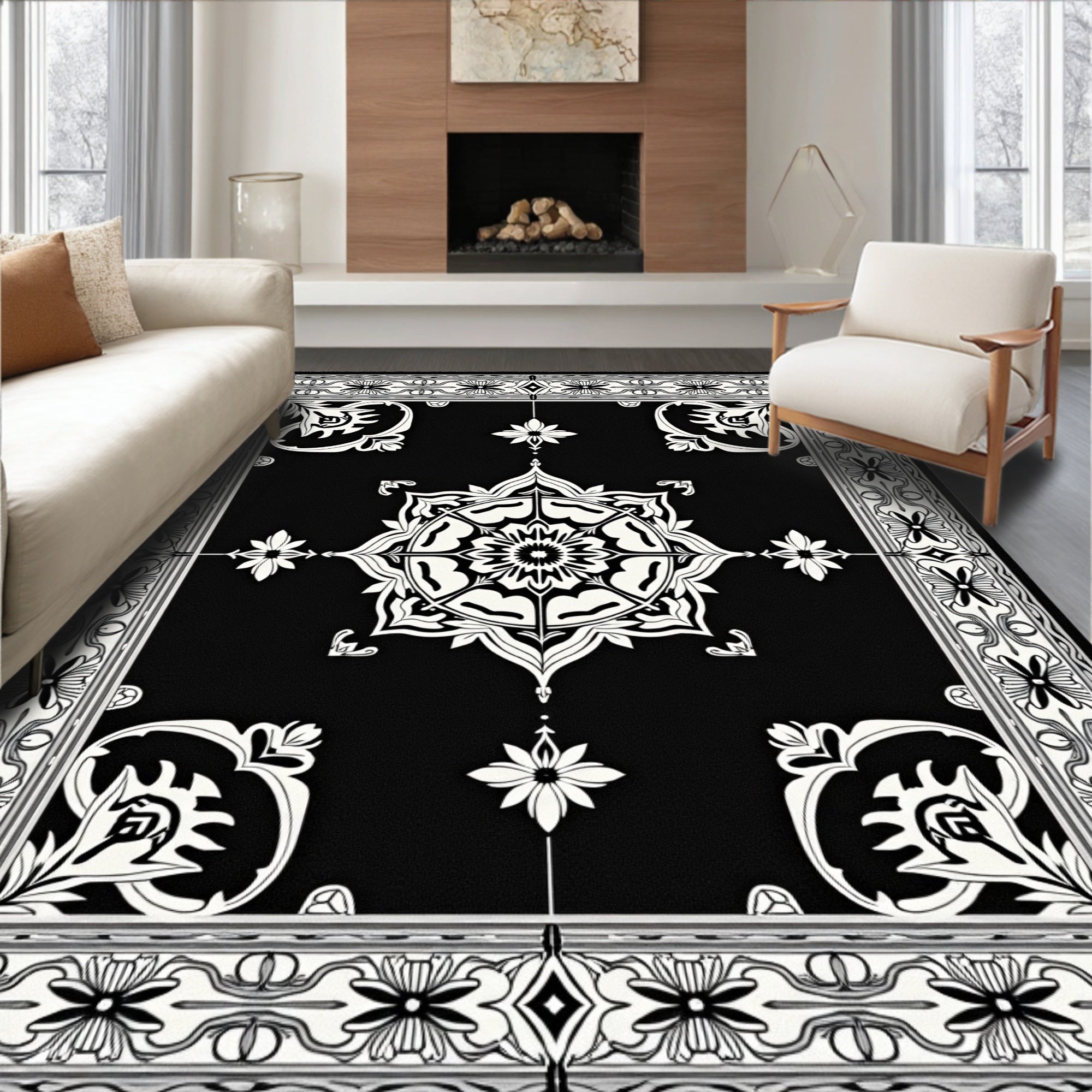 Timeless Black White Floral Medallion Rug
