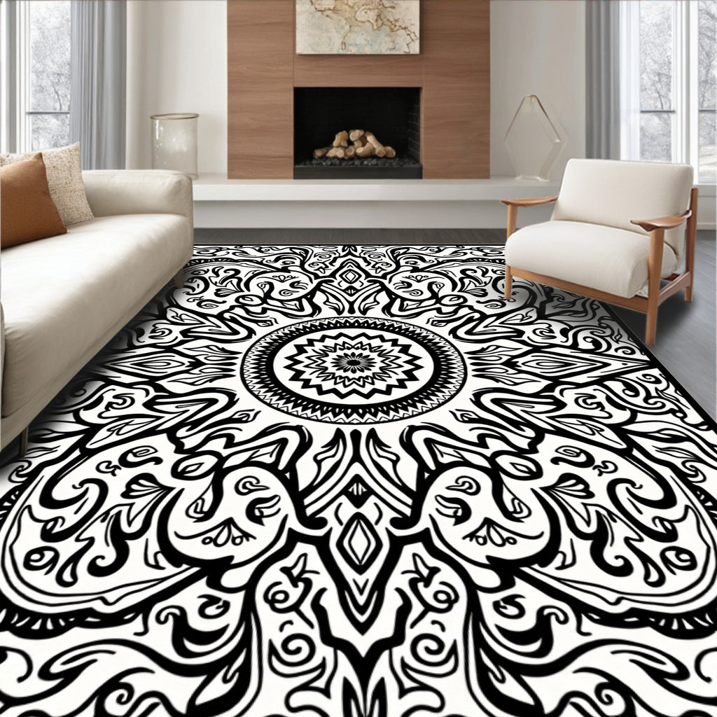 Ornate Black White Mandala Pattern Rug