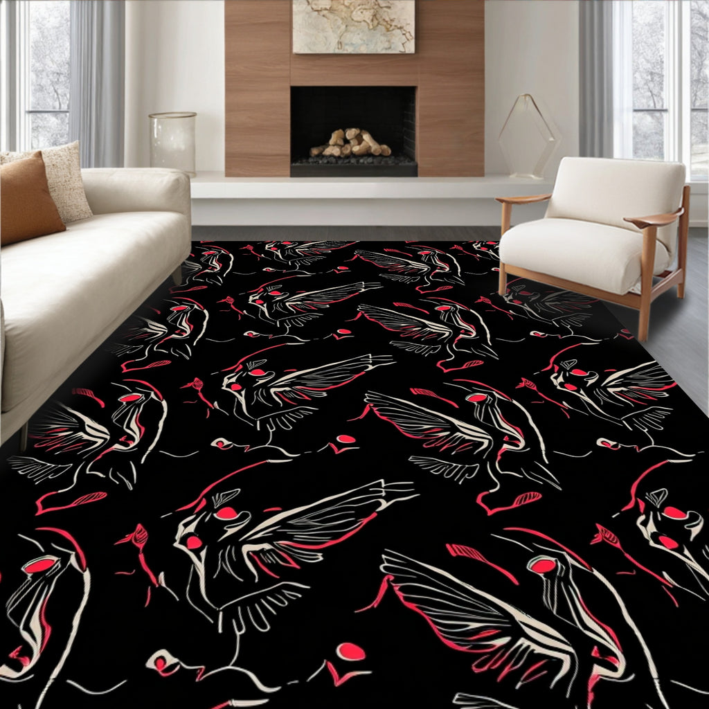 Red Swirling Winged Figures Pattern Rug