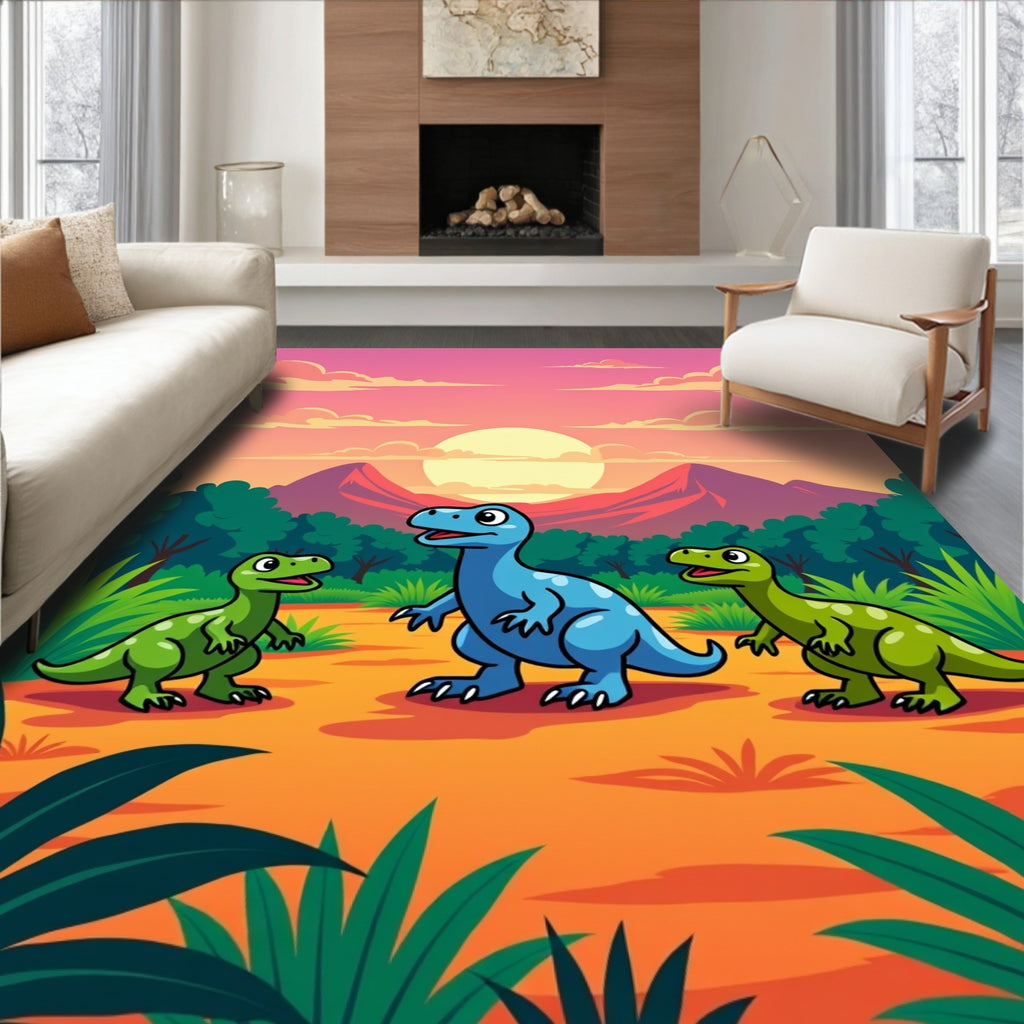 Cute Dinosaur Landscape Scene Rug