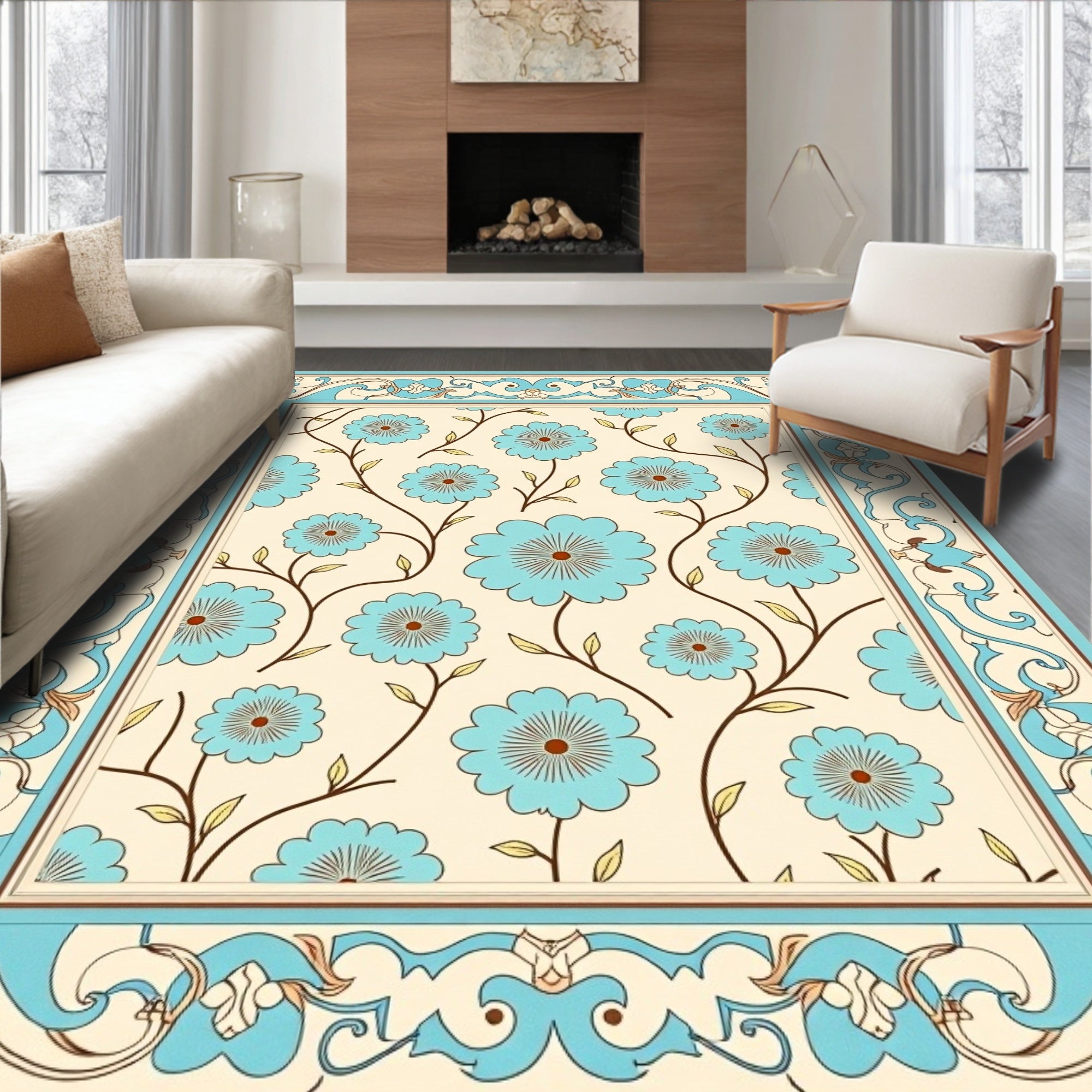 Floral Vine Patterned Border Rug