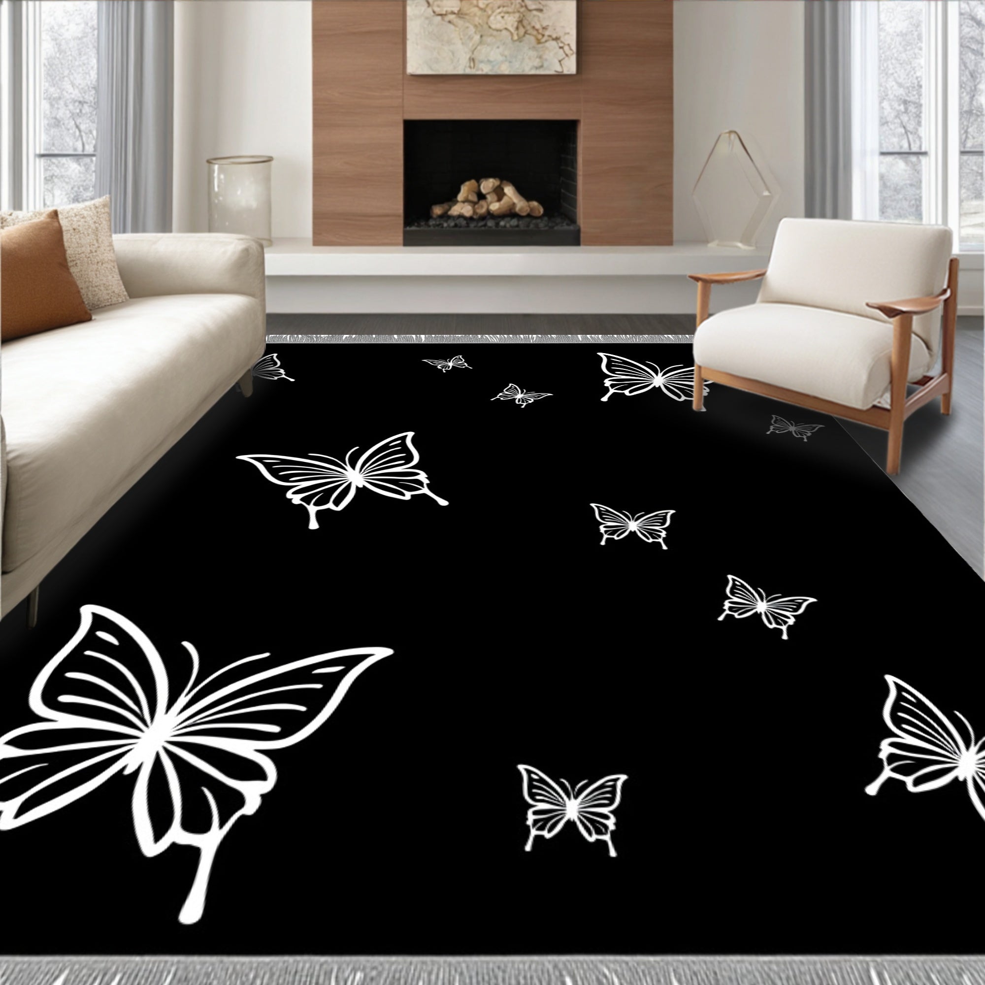 Black White Butterfly Flutter Rug