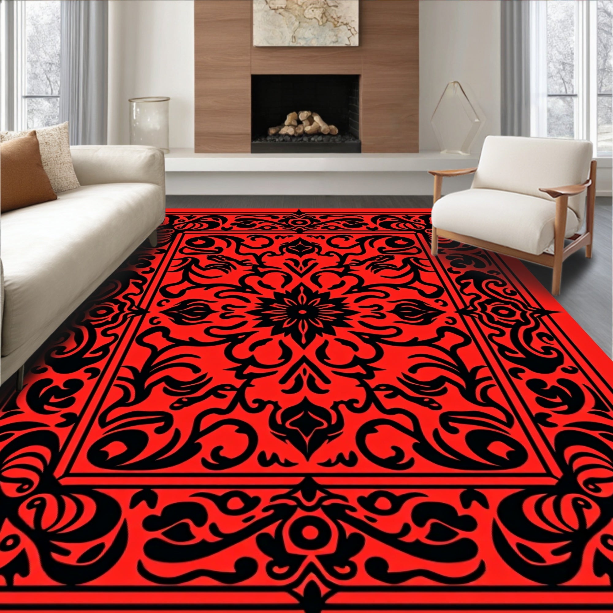 Intricate Red Black Floral Medallion Rug
